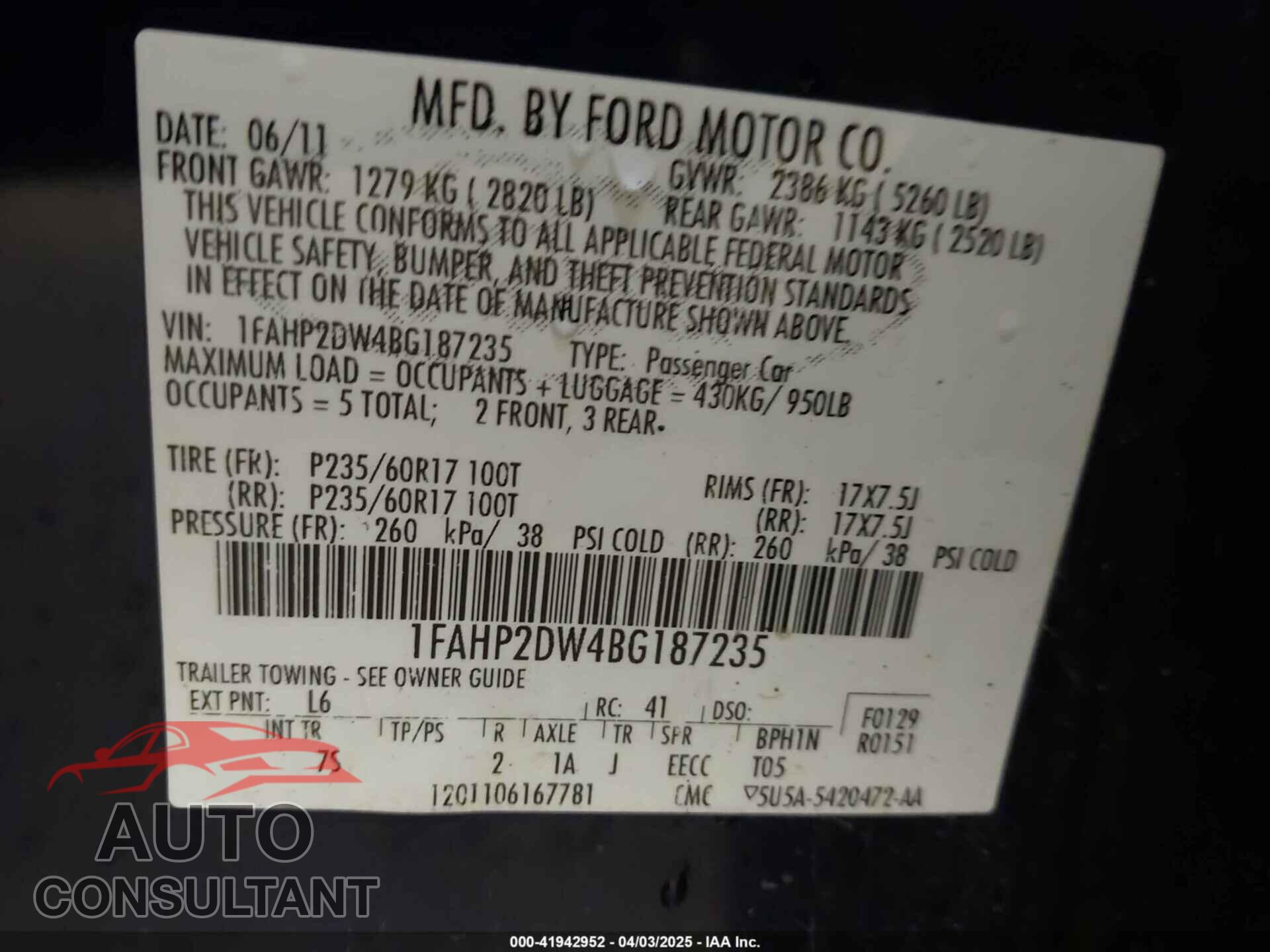 FORD TAURUS 2011 - 1FAHP2DW4BG187235