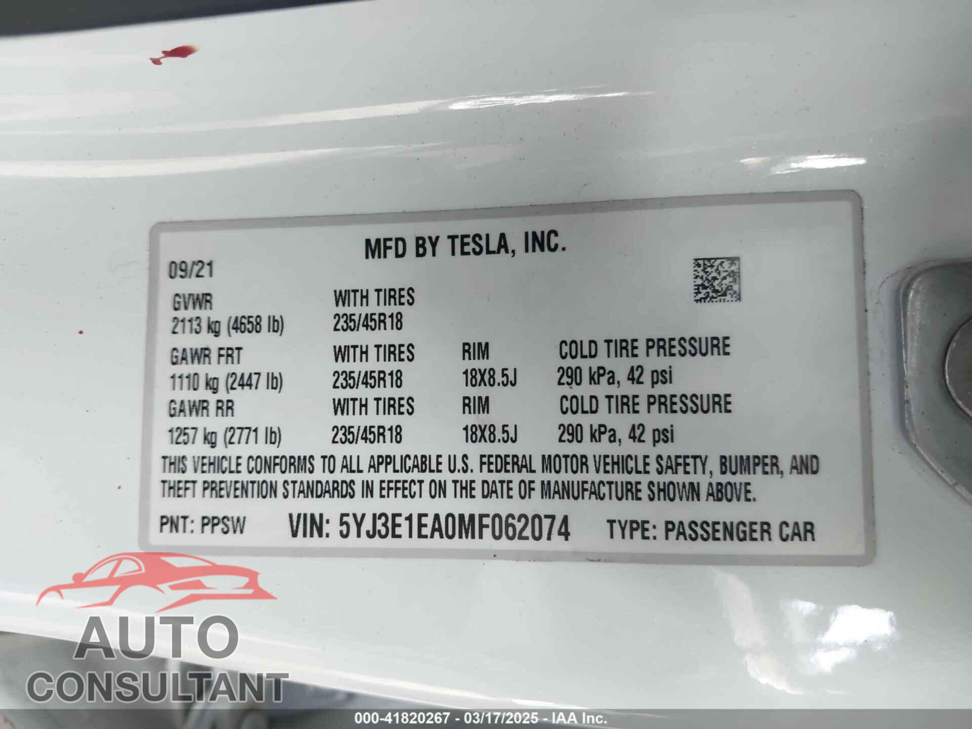 TESLA MODEL 3 2021 - 5YJ3E1EA0MF062074