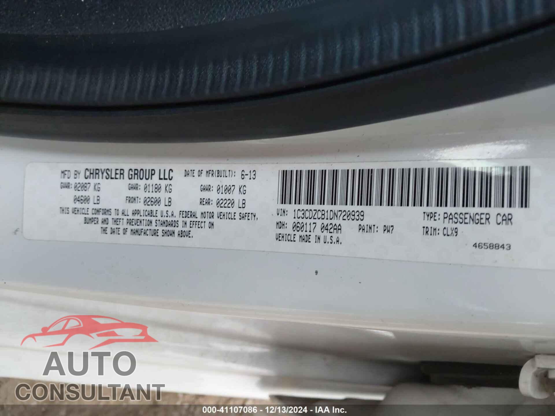 DODGE AVENGER 2013 - 1C3CDZCB1DN720939