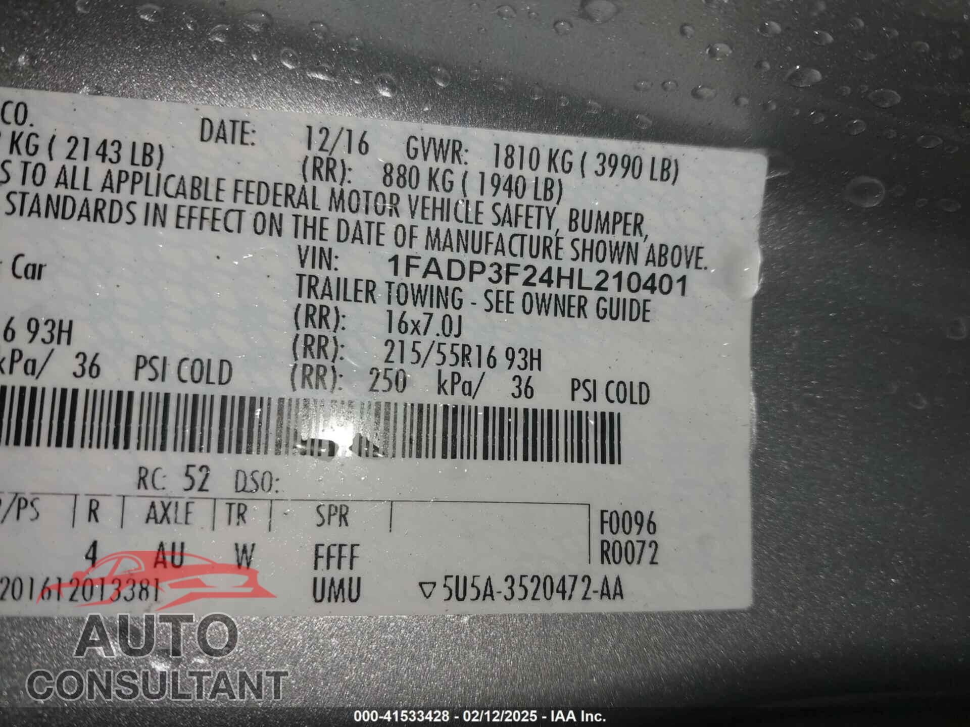 FORD FOCUS 2017 - 1FADP3F24HL210401
