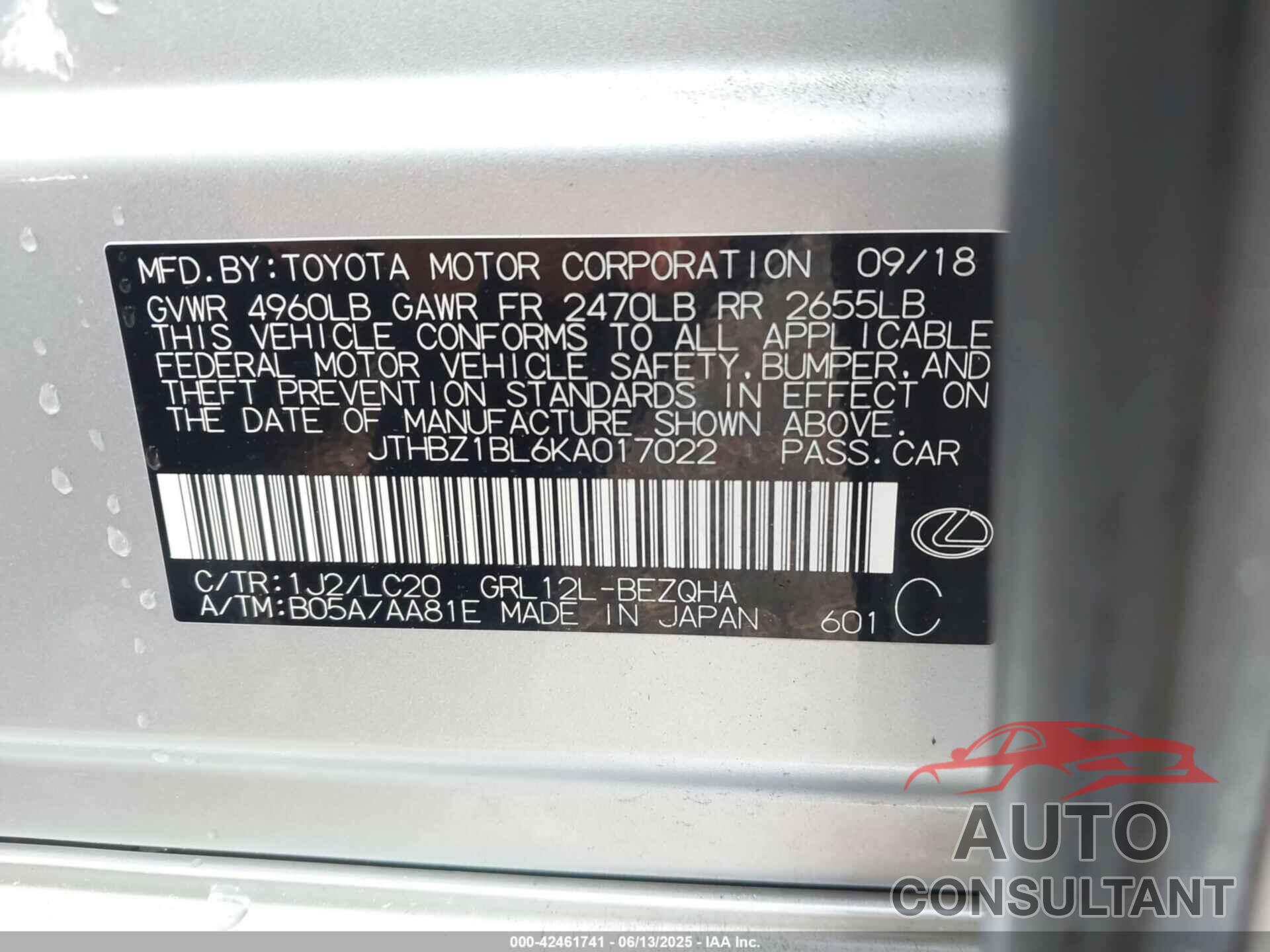 LEXUS GS 350 2019 - JTHBZ1BL6KA017022