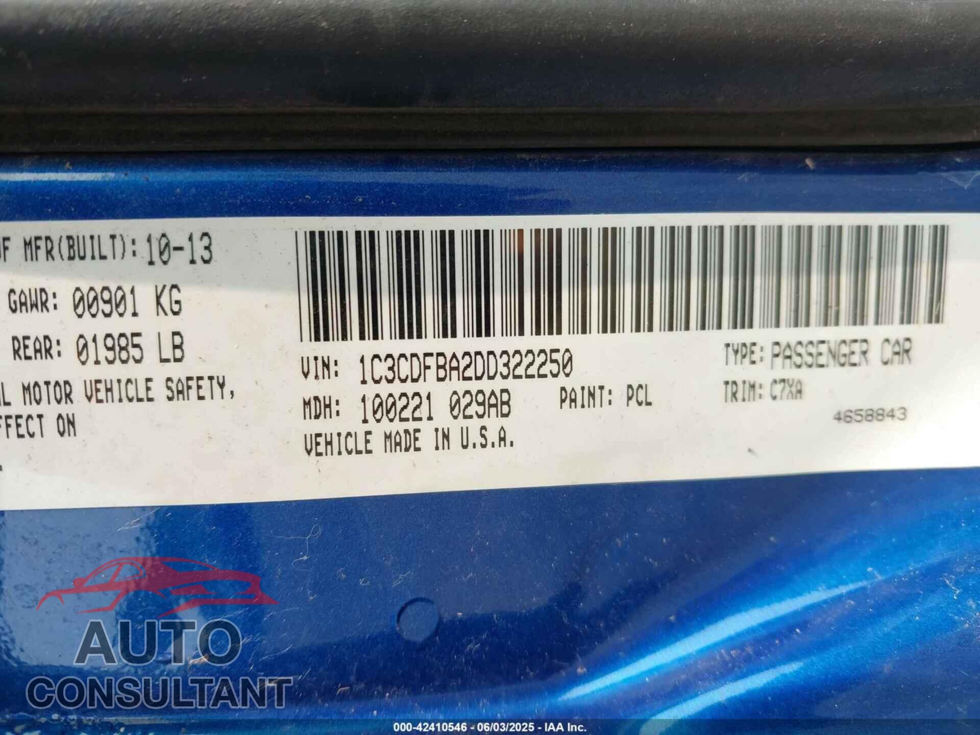 DODGE DART 2013 - 1C3CDFBA2DD322250