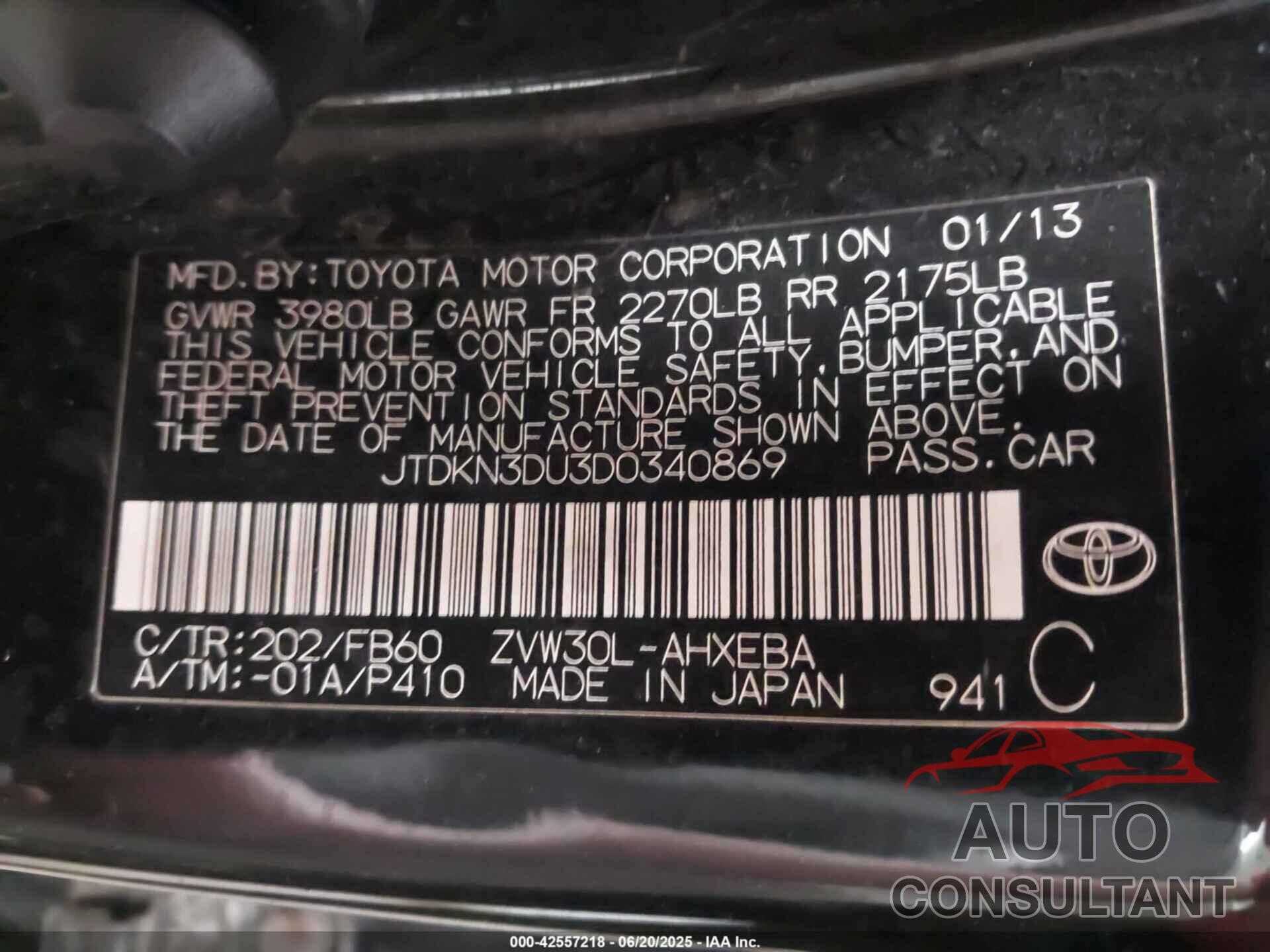 TOYOTA PRIUS 2013 - JTDKN3DU3D0340869
