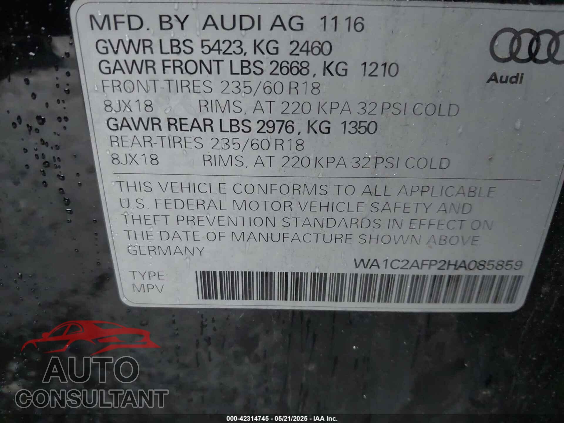 AUDI Q5 2017 - WA1C2AFP2HA085859