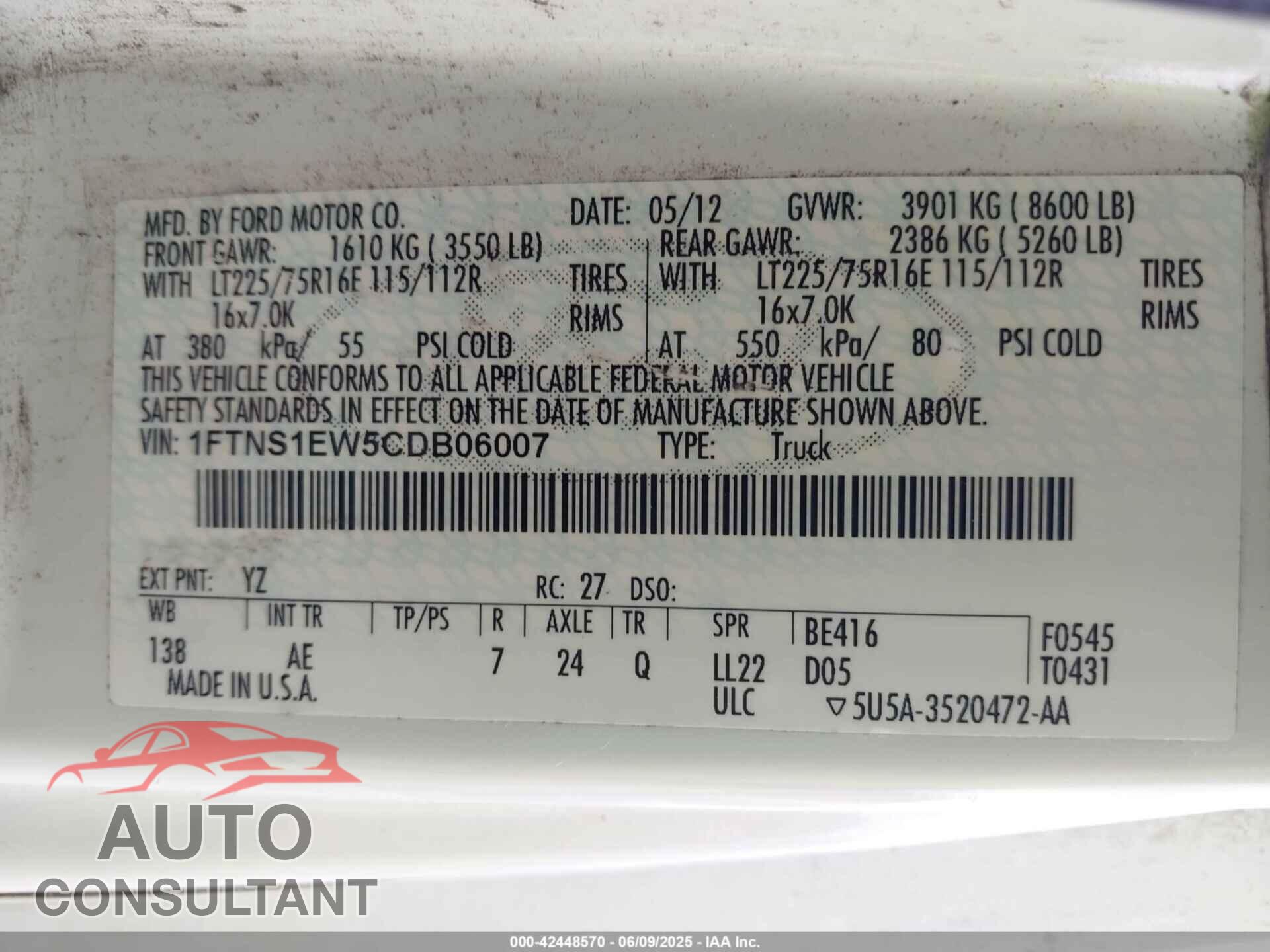 FORD E-150 2012 - 1FTNS1EW5CDB06007