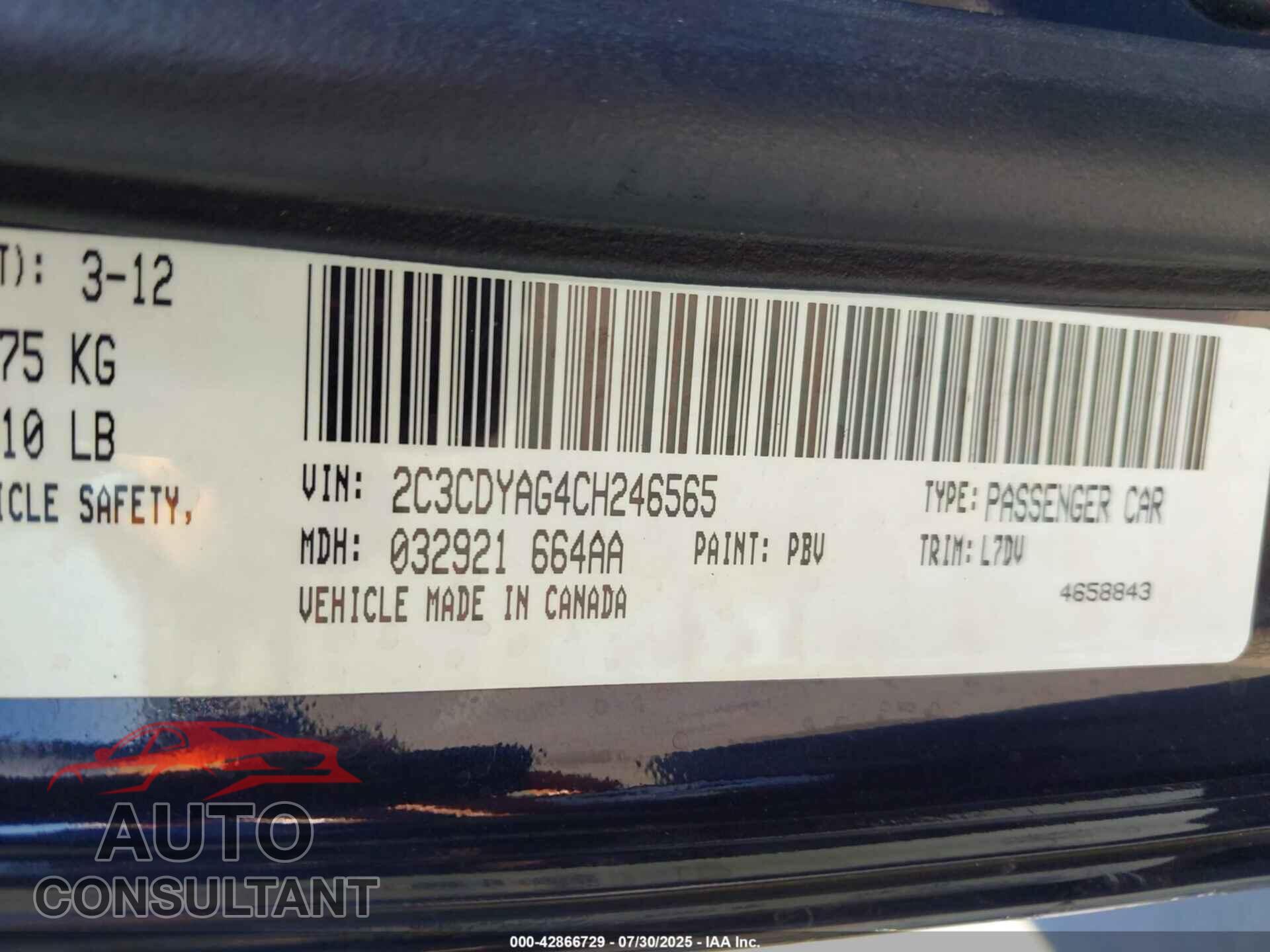 DODGE CHALLENGER 2012 - 2C3CDYAG4CH246565