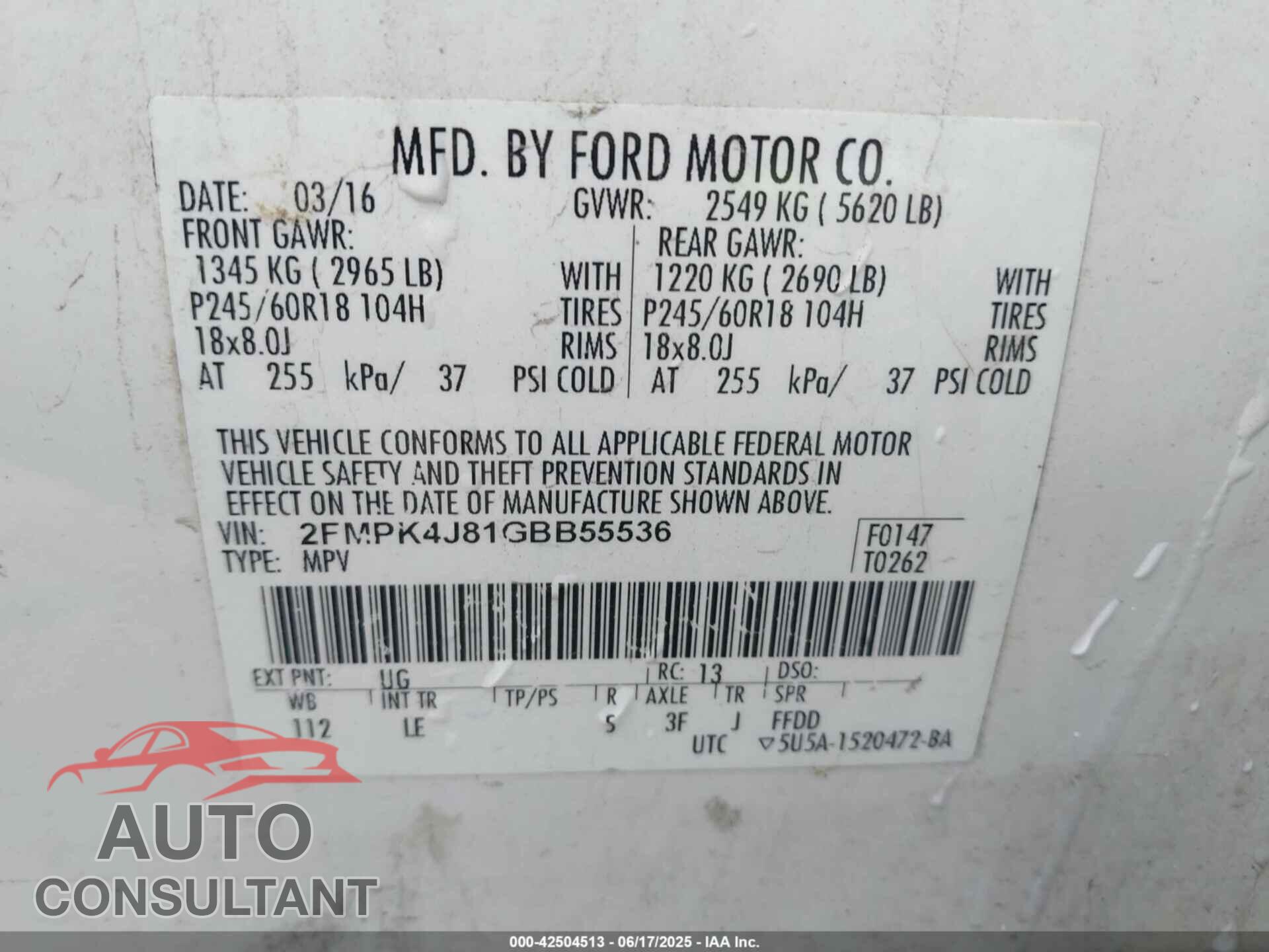 FORD EDGE 2016 - 2FMPK4J81GBB55536