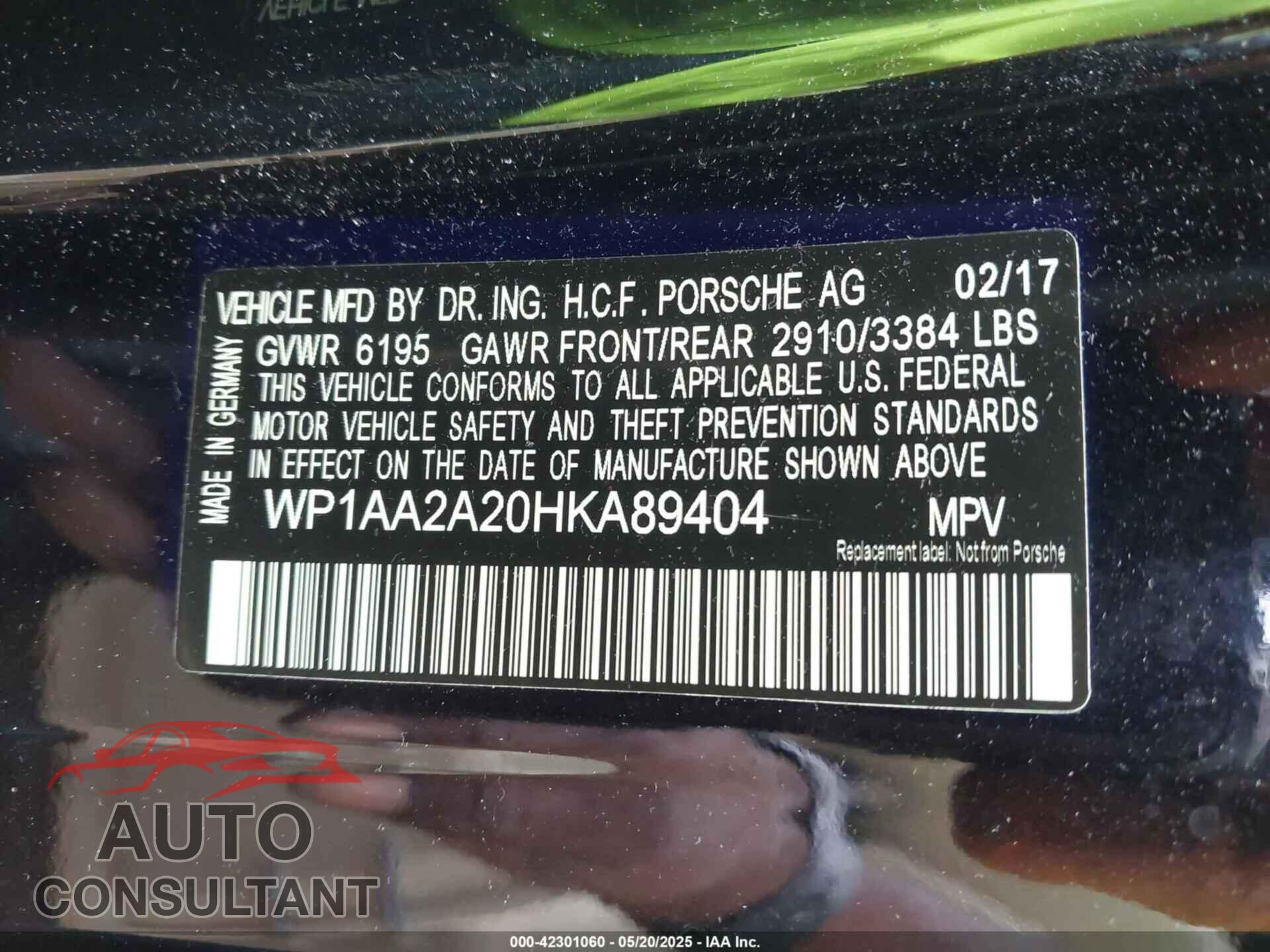 PORSCHE CAYENNE 2017 - WP1AA2A20HKA89404