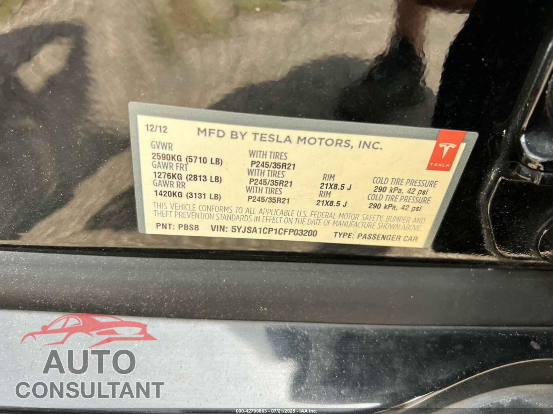 TESLA MODEL S 2012 - 5YJSA1CP1CFP03200