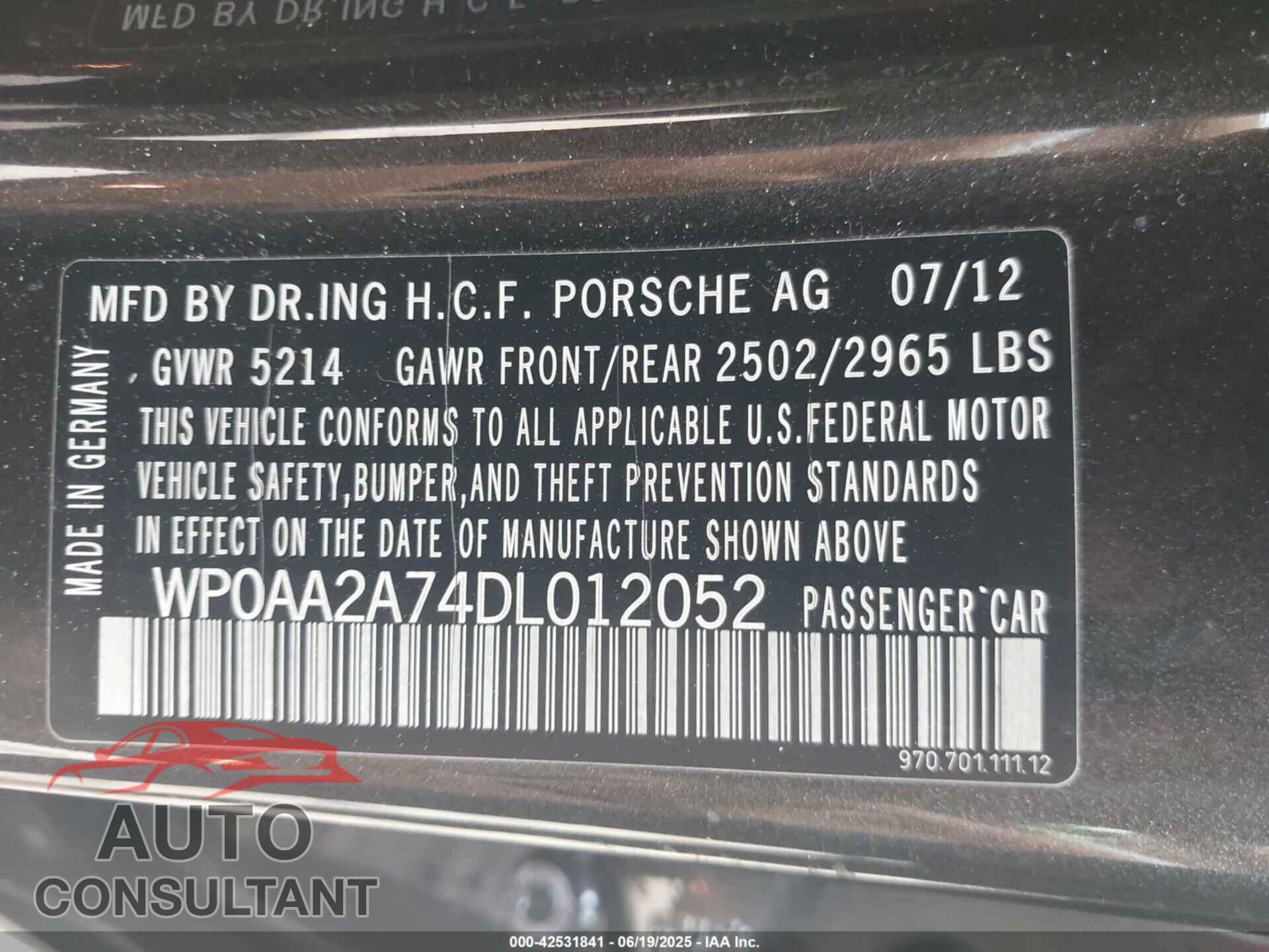 PORSCHE PANAMERA 2013 - WP0AA2A74DL012052