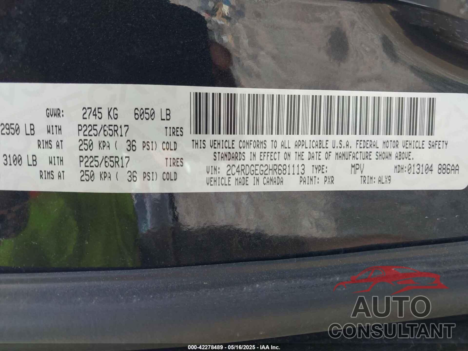 DODGE GRAND CARAVAN 2017 - 2C4RDGEG2HR681113
