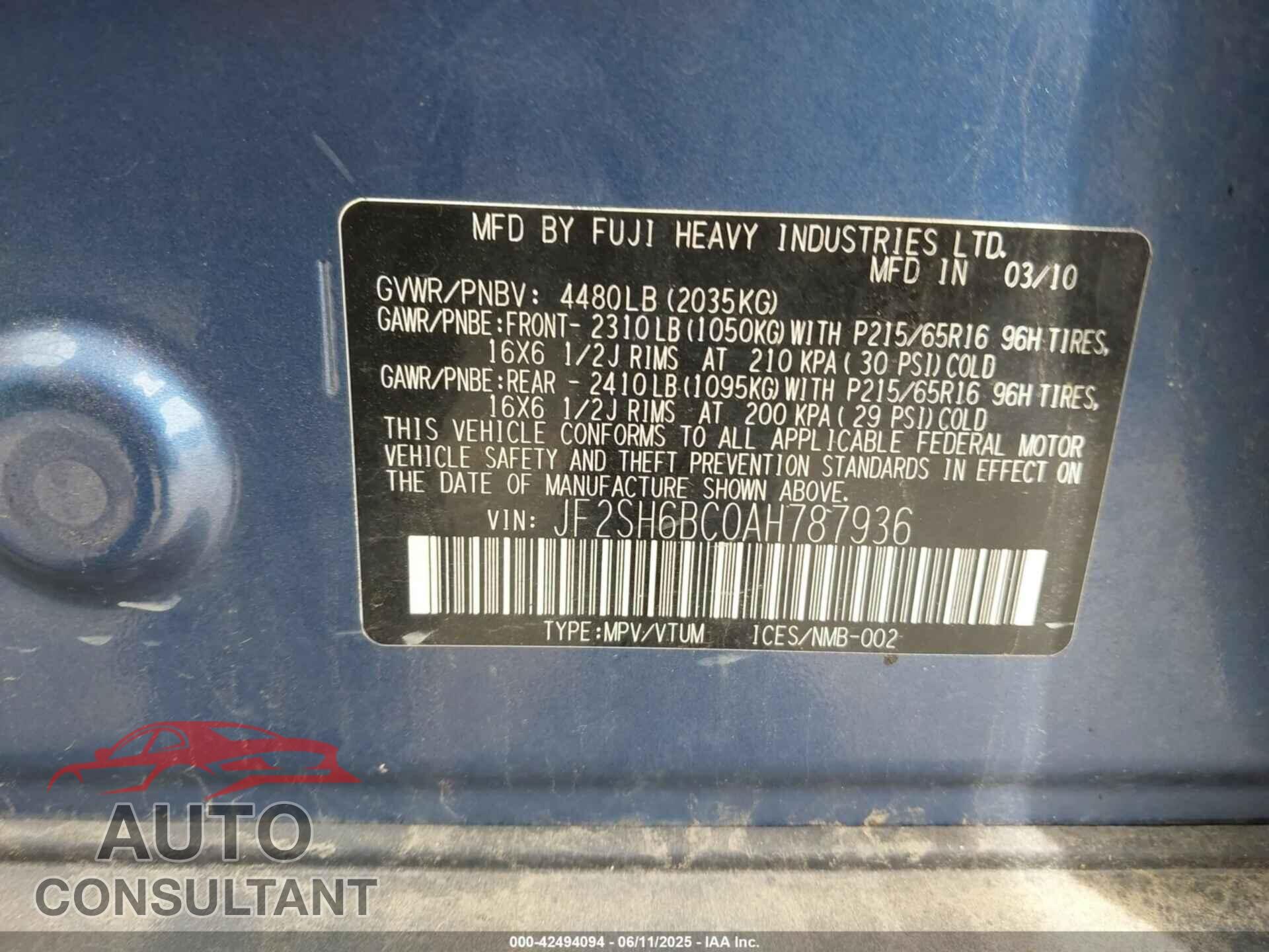 SUBARU FORESTER 2010 - JF2SH6BC0AH787936