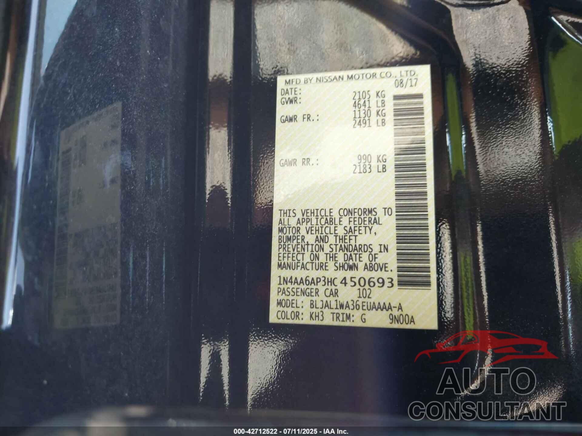 NISSAN MAXIMA 2017 - 1N4AA6AP3HC450693