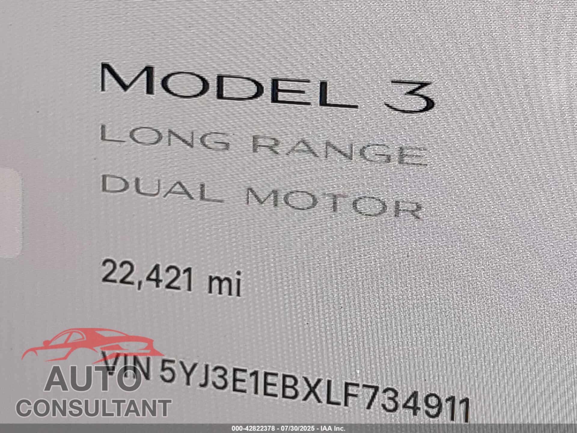 TESLA MODEL 3 2020 - 5YJ3E1EBXLF734911
