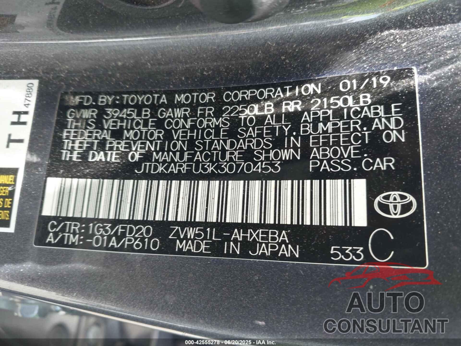 TOYOTA PRIUS 2019 - JTDKARFU3K3070453