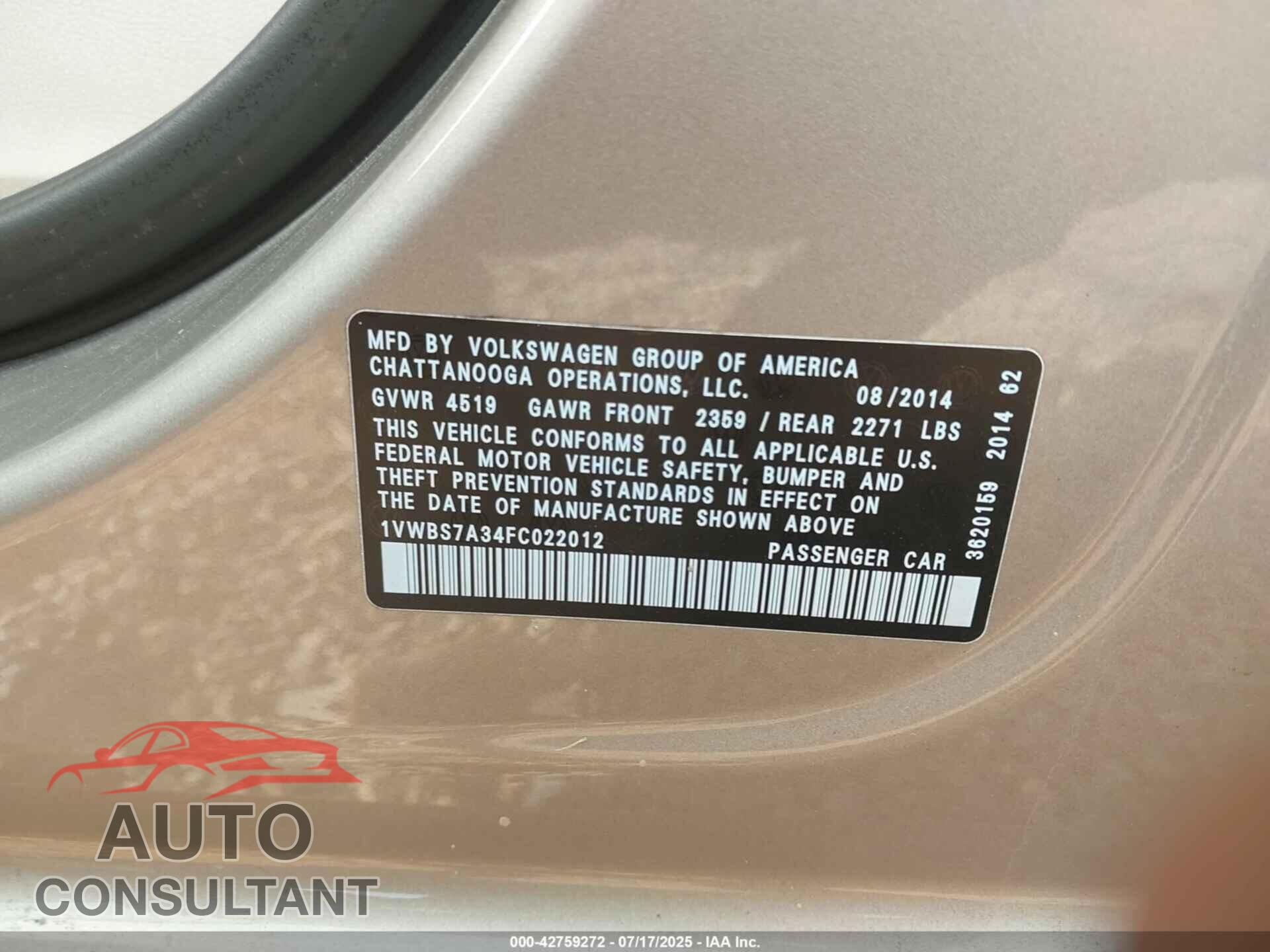VOLKSWAGEN PASSAT 2015 - 1VWBS7A34FC022012
