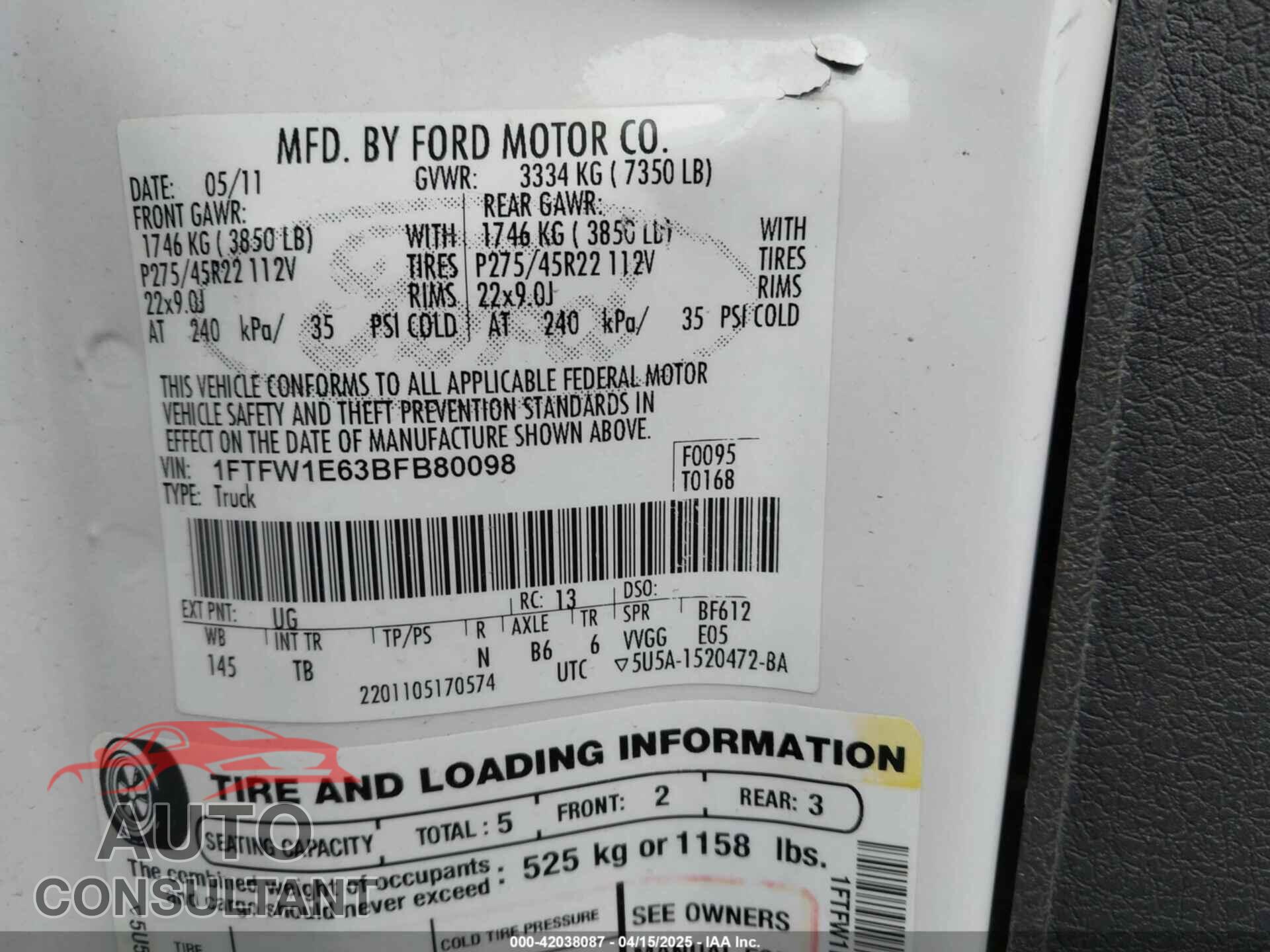 FORD F-150 2011 - 1FTFW1E63BFB80098