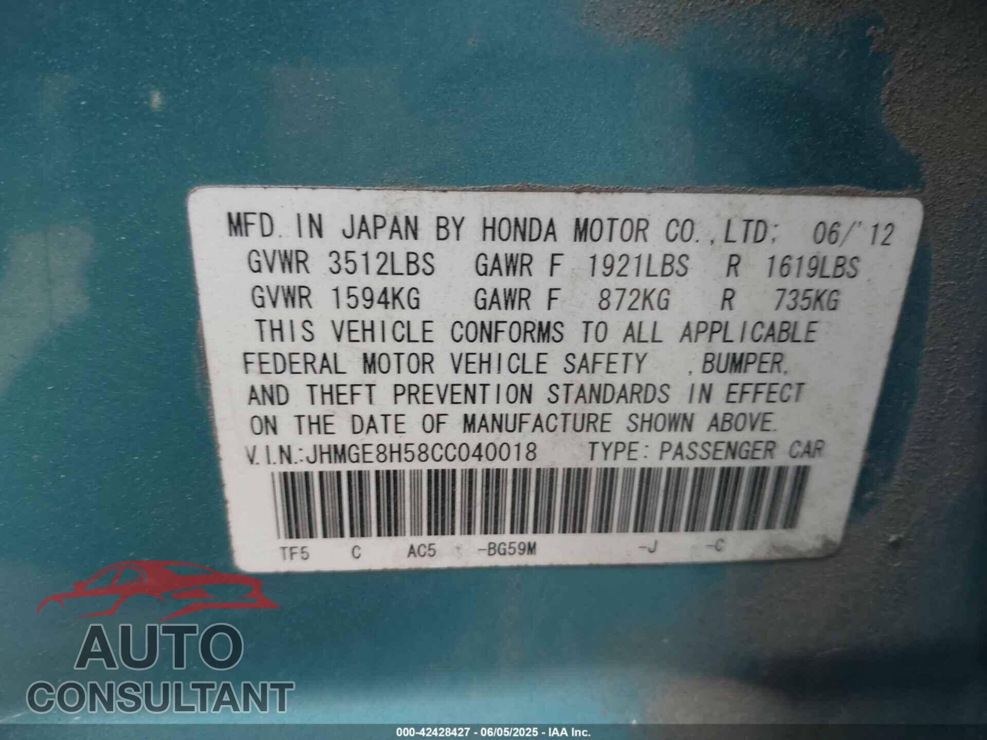 HONDA FIT 2012 - JHMGE8H58CC040018