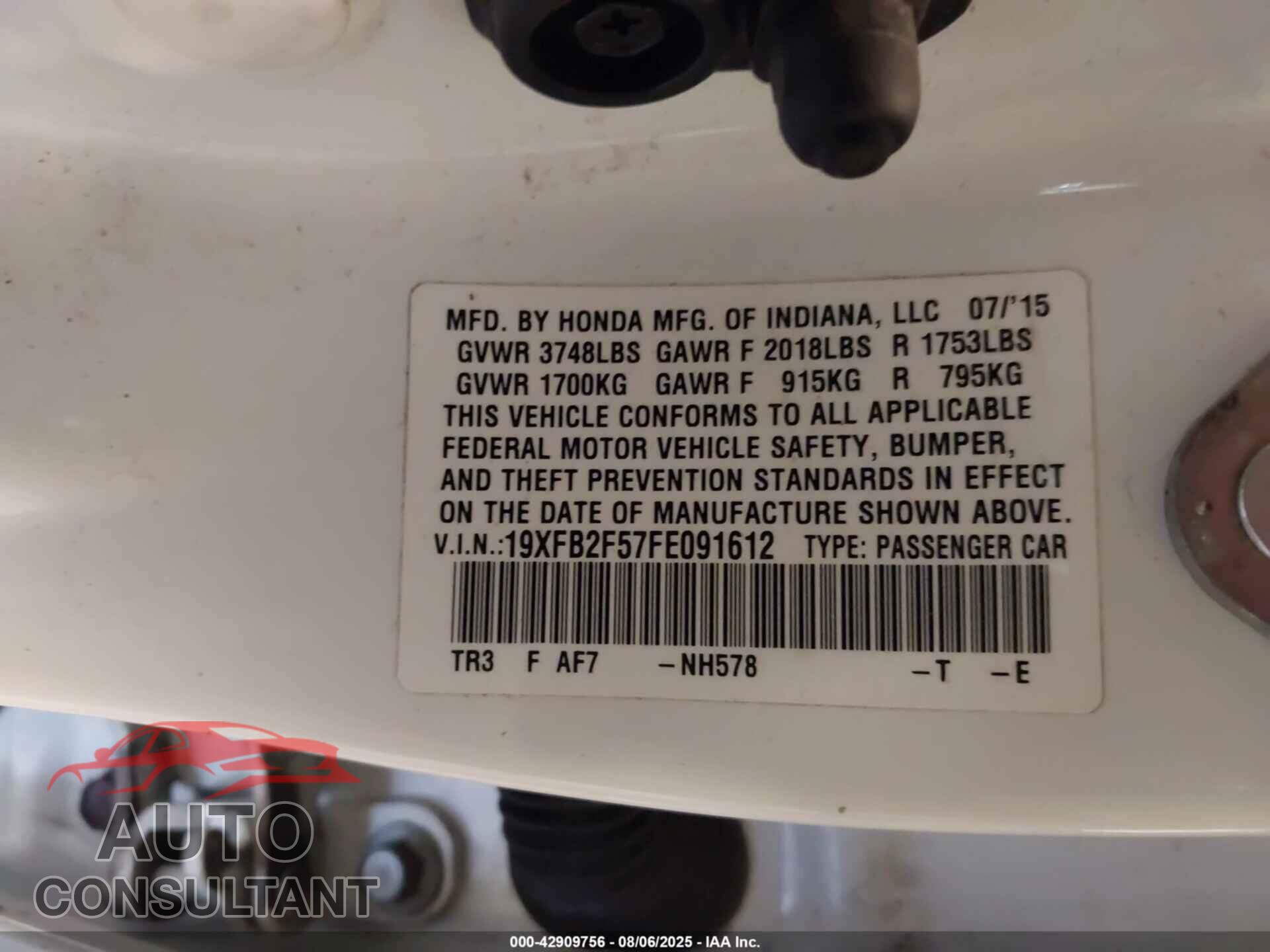 HONDA CIVIC 2015 - 19XFB2F57FE091612