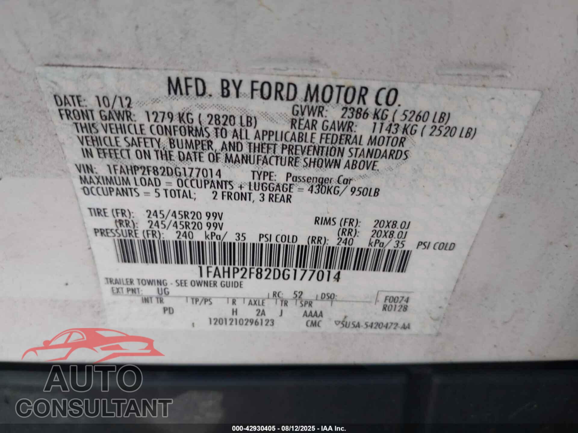 FORD TAURUS 2013 - 1FAHP2F82DG177014
