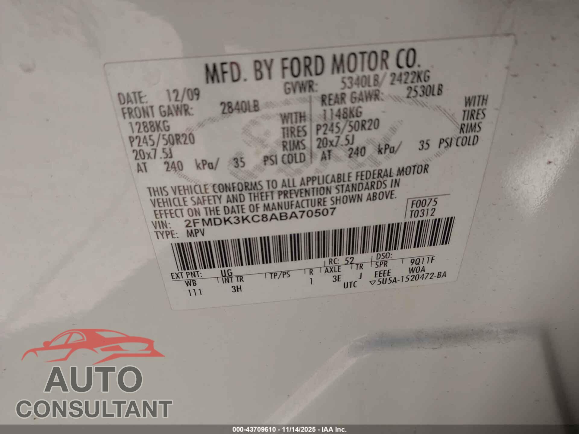 FORD EDGE 2010 - 2FMDK3KC8ABA70507