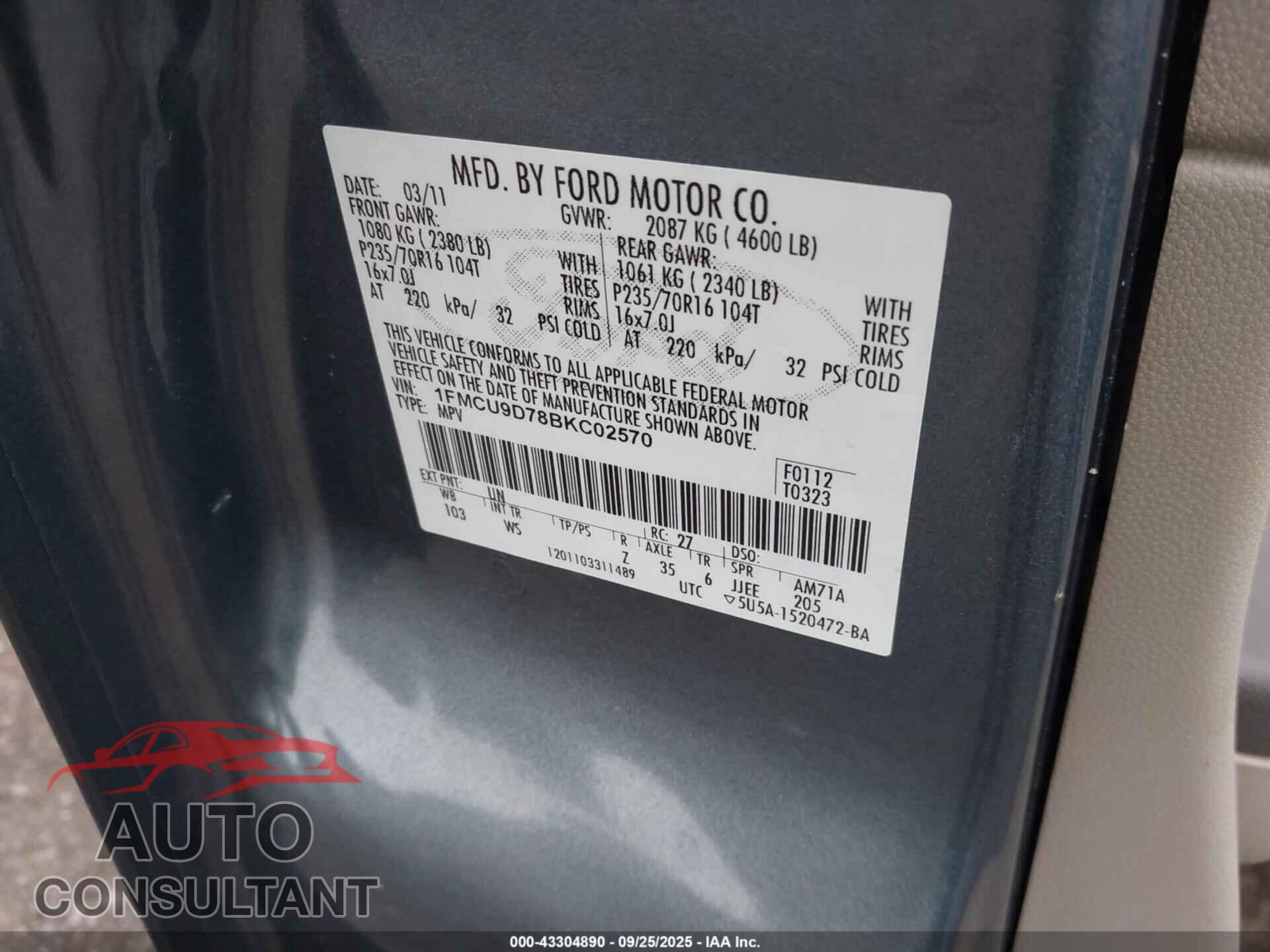 FORD ESCAPE 2011 - 1FMCU9D78BKC02570