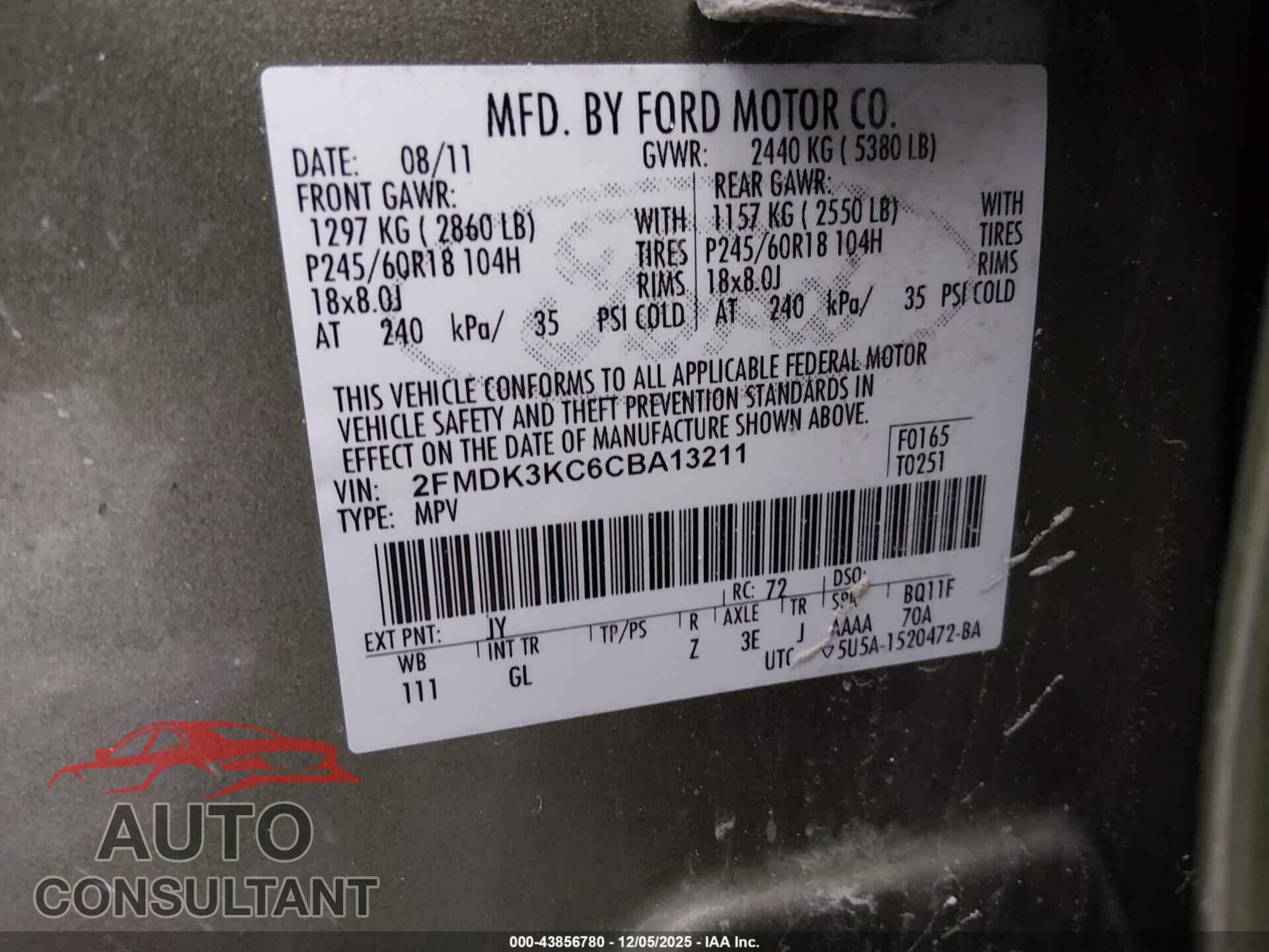 FORD EDGE 2012 - 2FMDK3KC6CBA13211