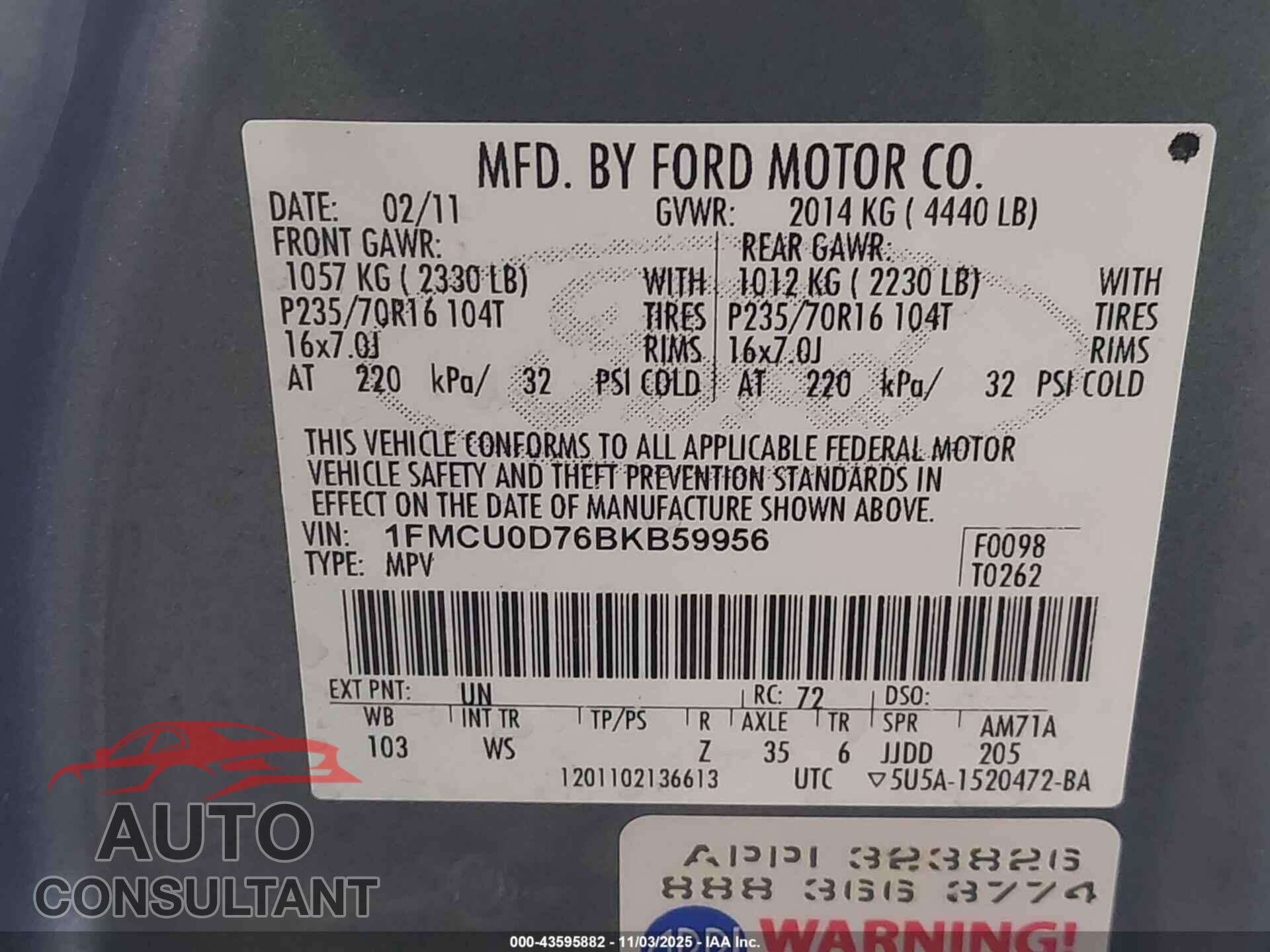 FORD ESCAPE 2011 - 1FMCU0D76BKB59956