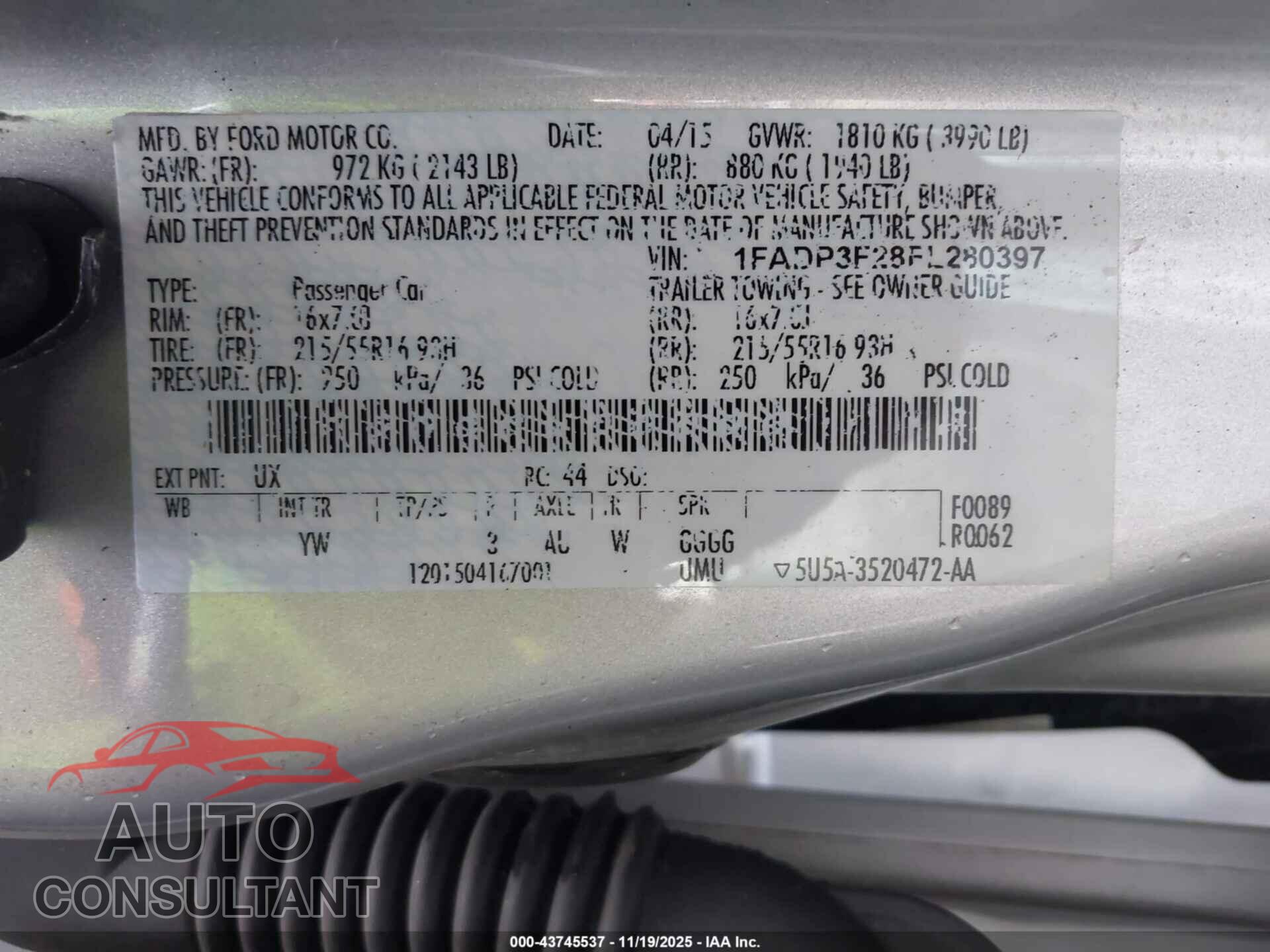 FORD FOCUS 2015 - 1FADP3F28FL280397