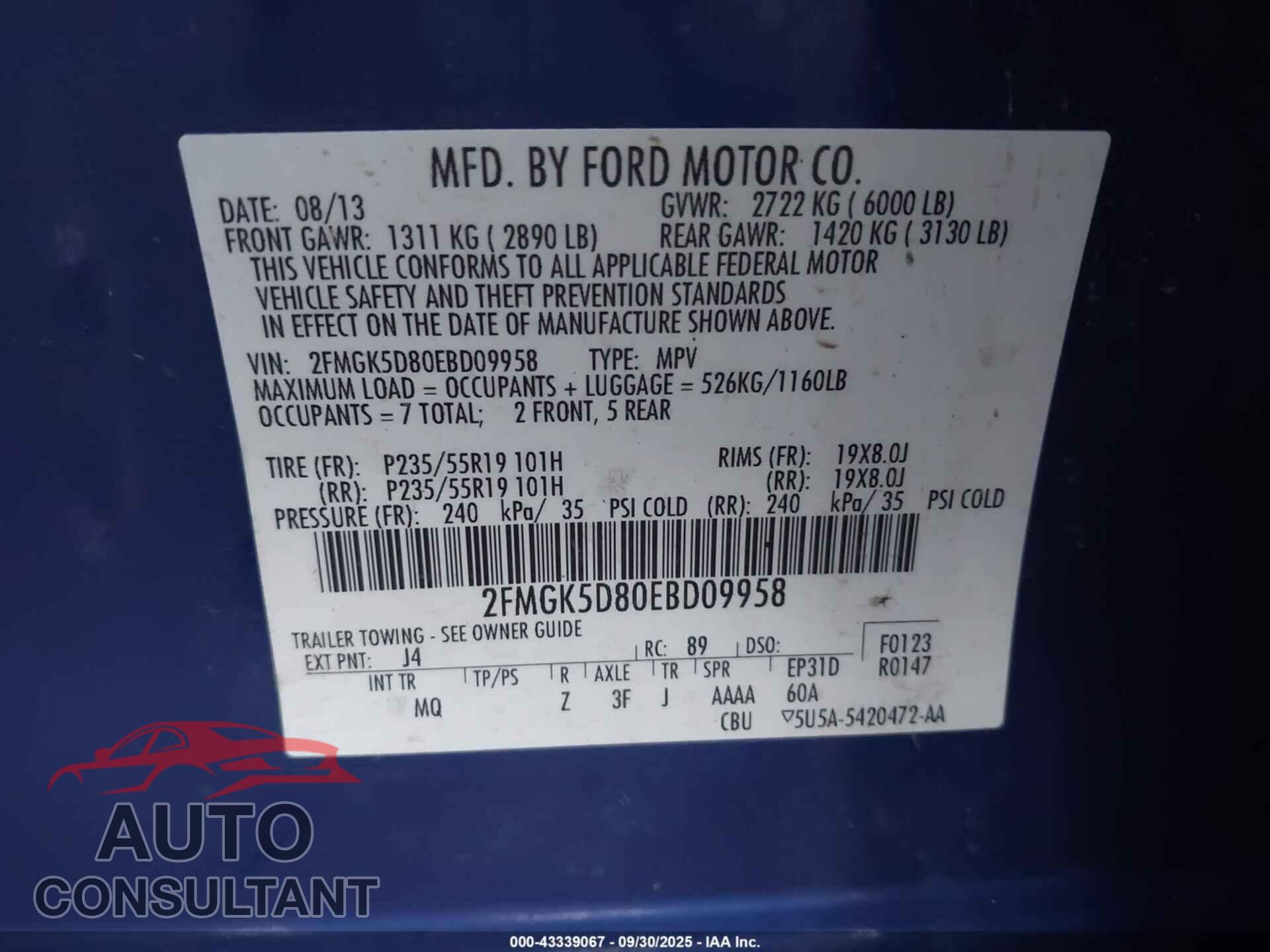 FORD FLEX 2014 - 2FMGK5D80EBD09958
