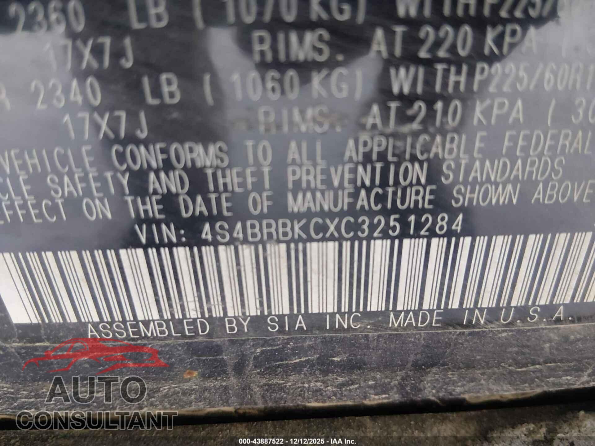 SUBARU OUTBACK 2012 - 4S4BRBKCXC3251284
