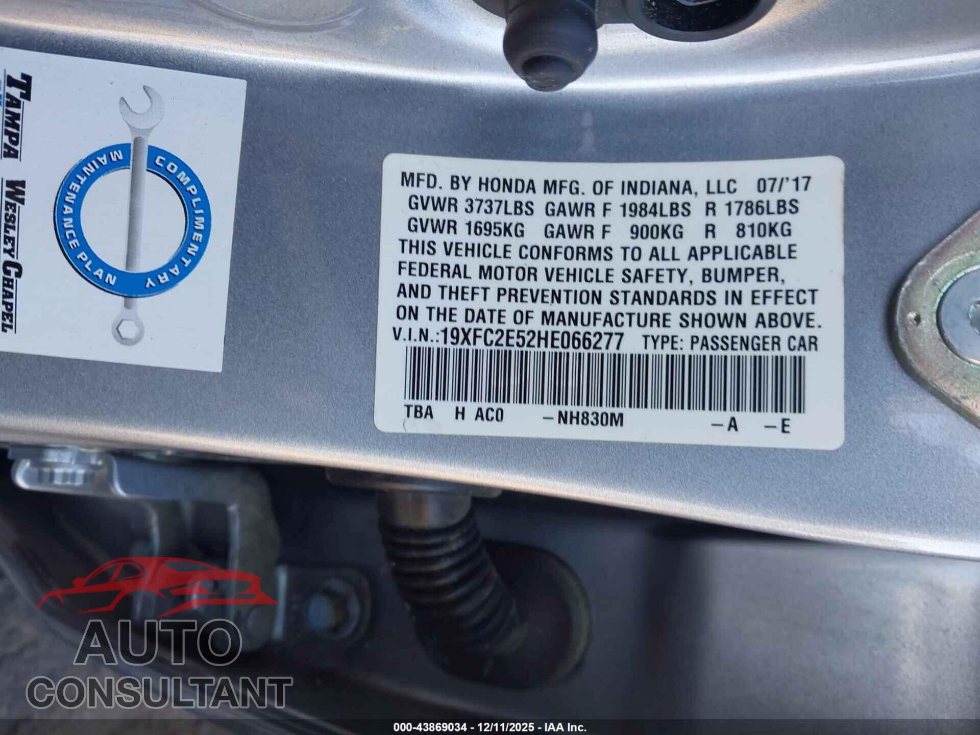 HONDA CIVIC 2017 - 19XFC2E52HE066277