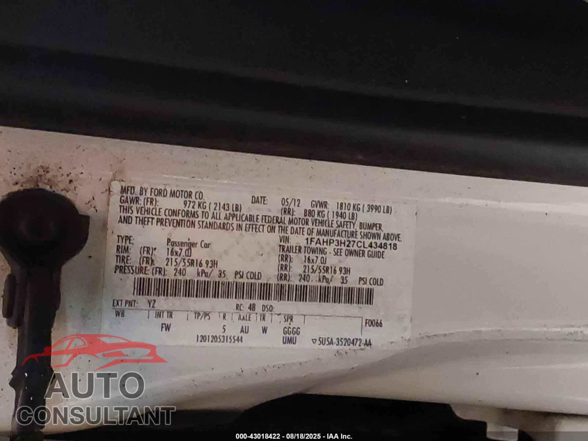 FORD FOCUS 2012 - 1FAHP3H27CL434818