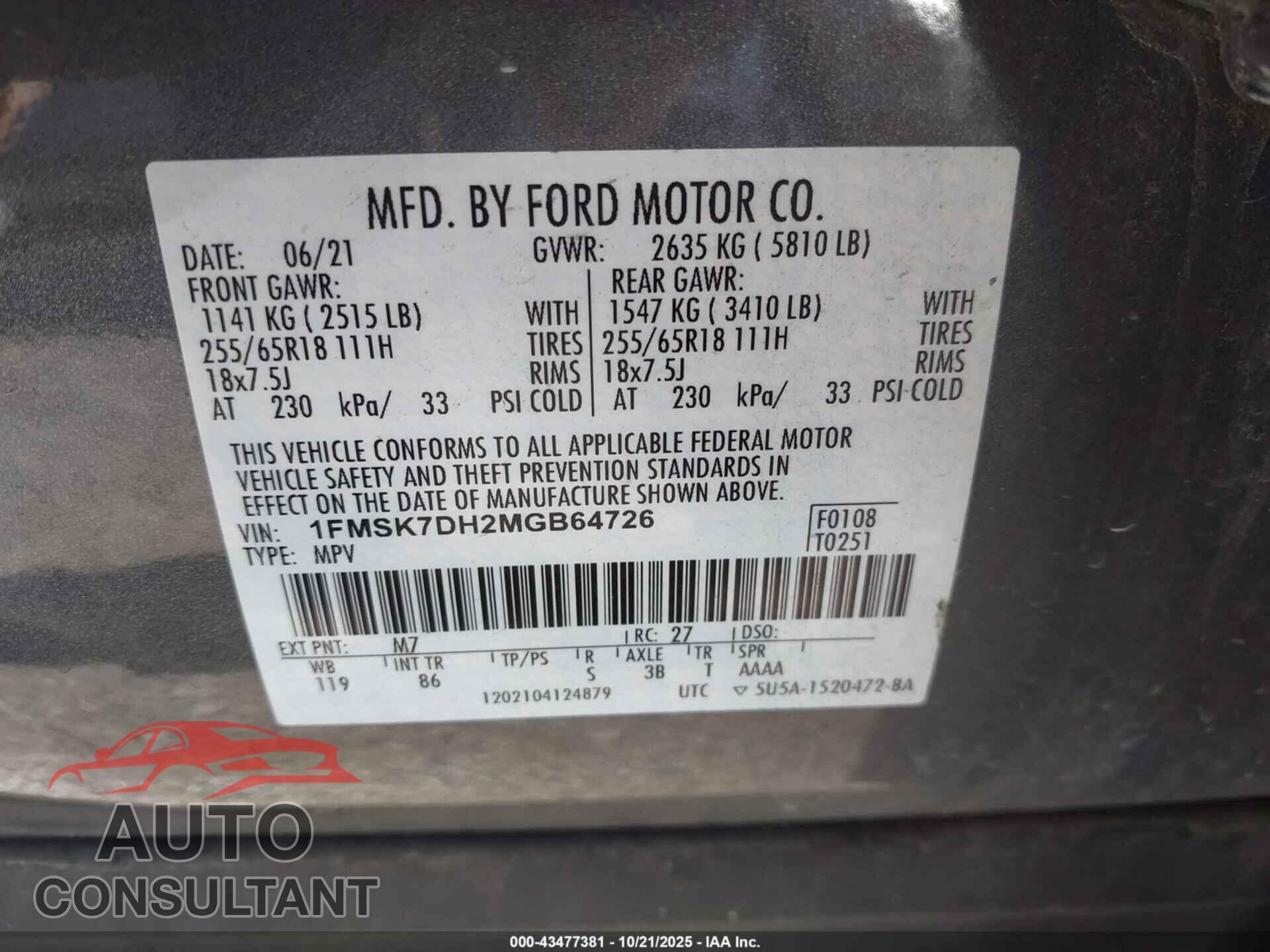 FORD EXPLORER 2021 - 1FMSK7DH2MGB64726