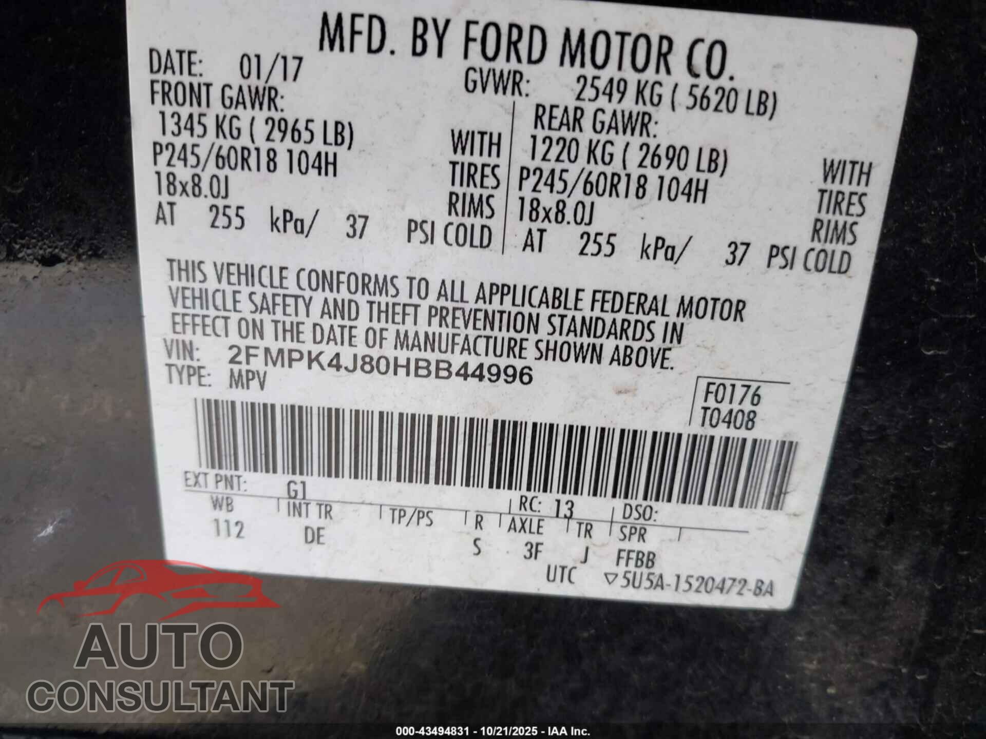 FORD EDGE 2017 - 2FMPK4J80HBB44996