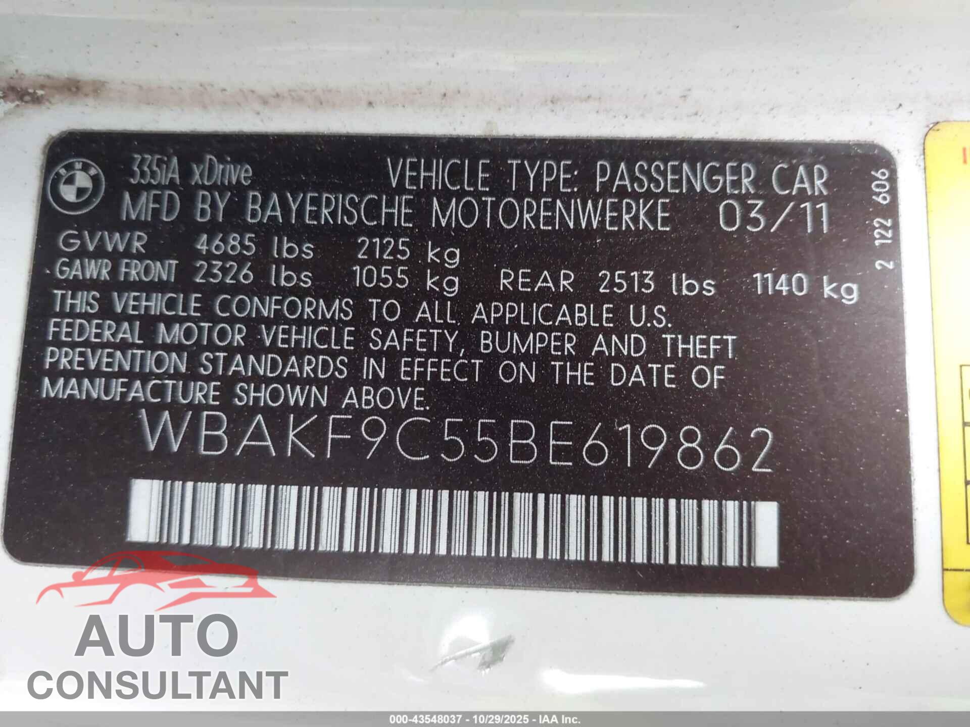 BMW 335I 2011 - WBAKF9C55BE619862