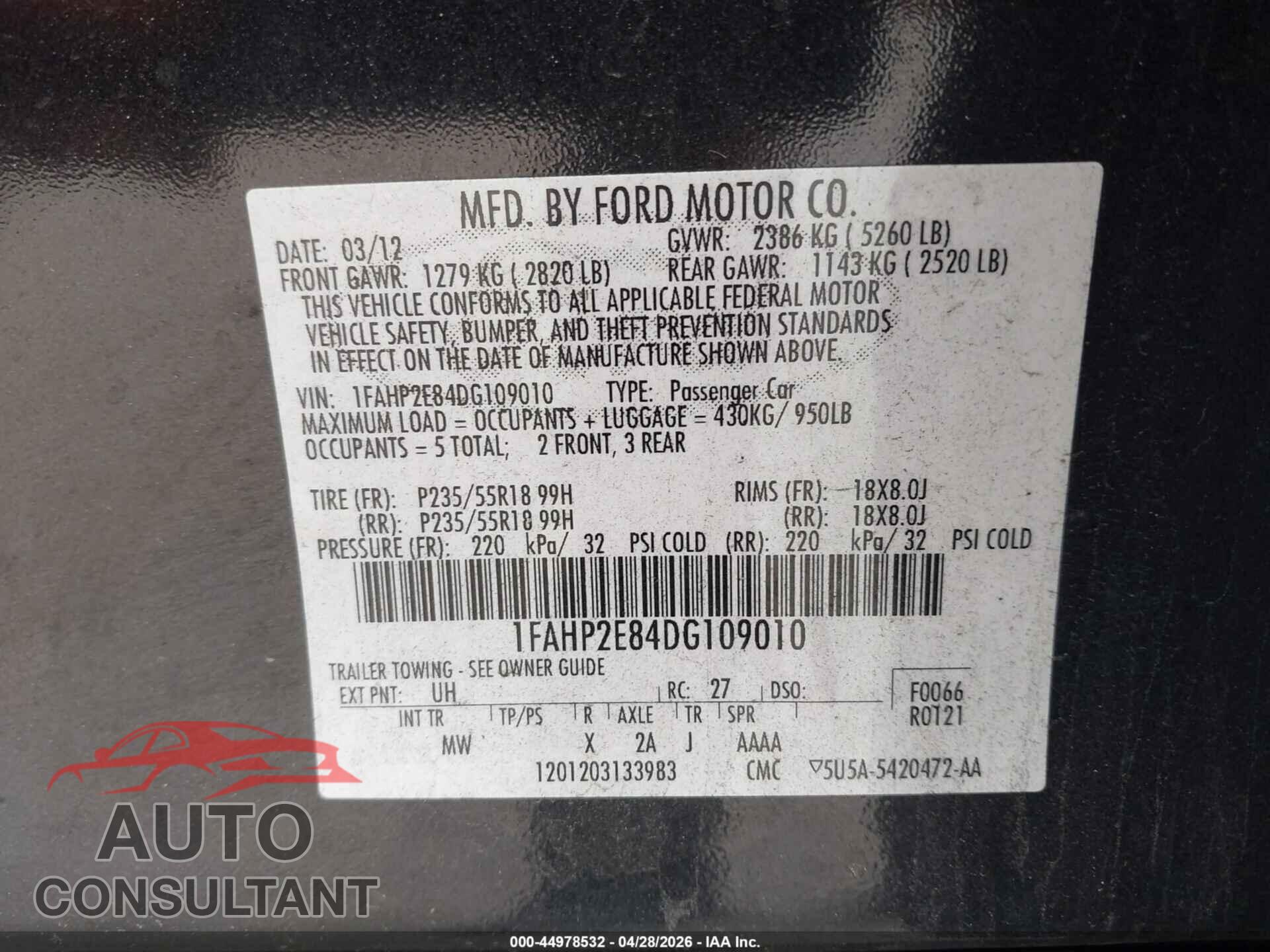 FORD TAURUS 2013 - 1FAHP2E84DG109010