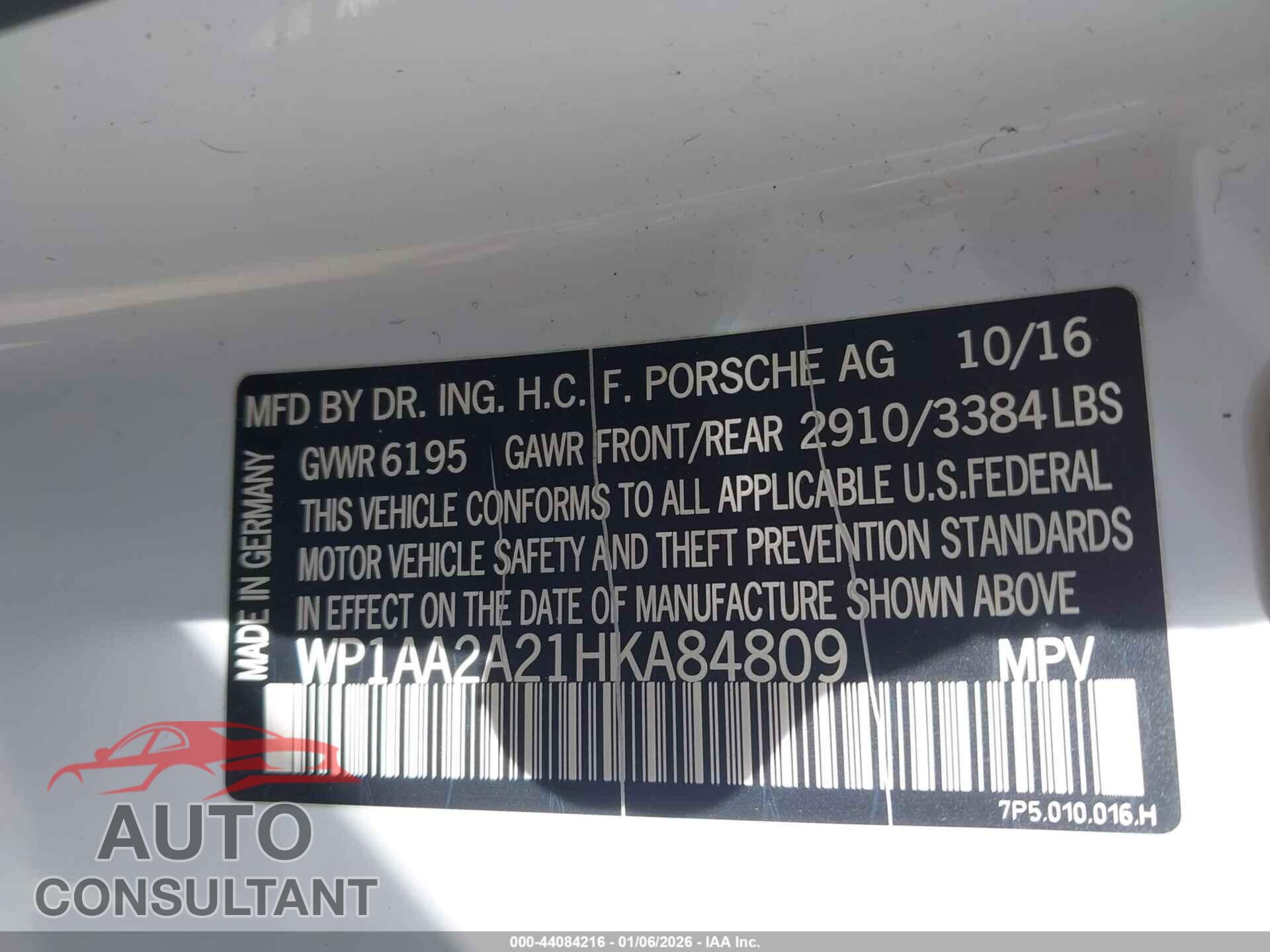 PORSCHE CAYENNE 2017 - WP1AA2A21HKA84809