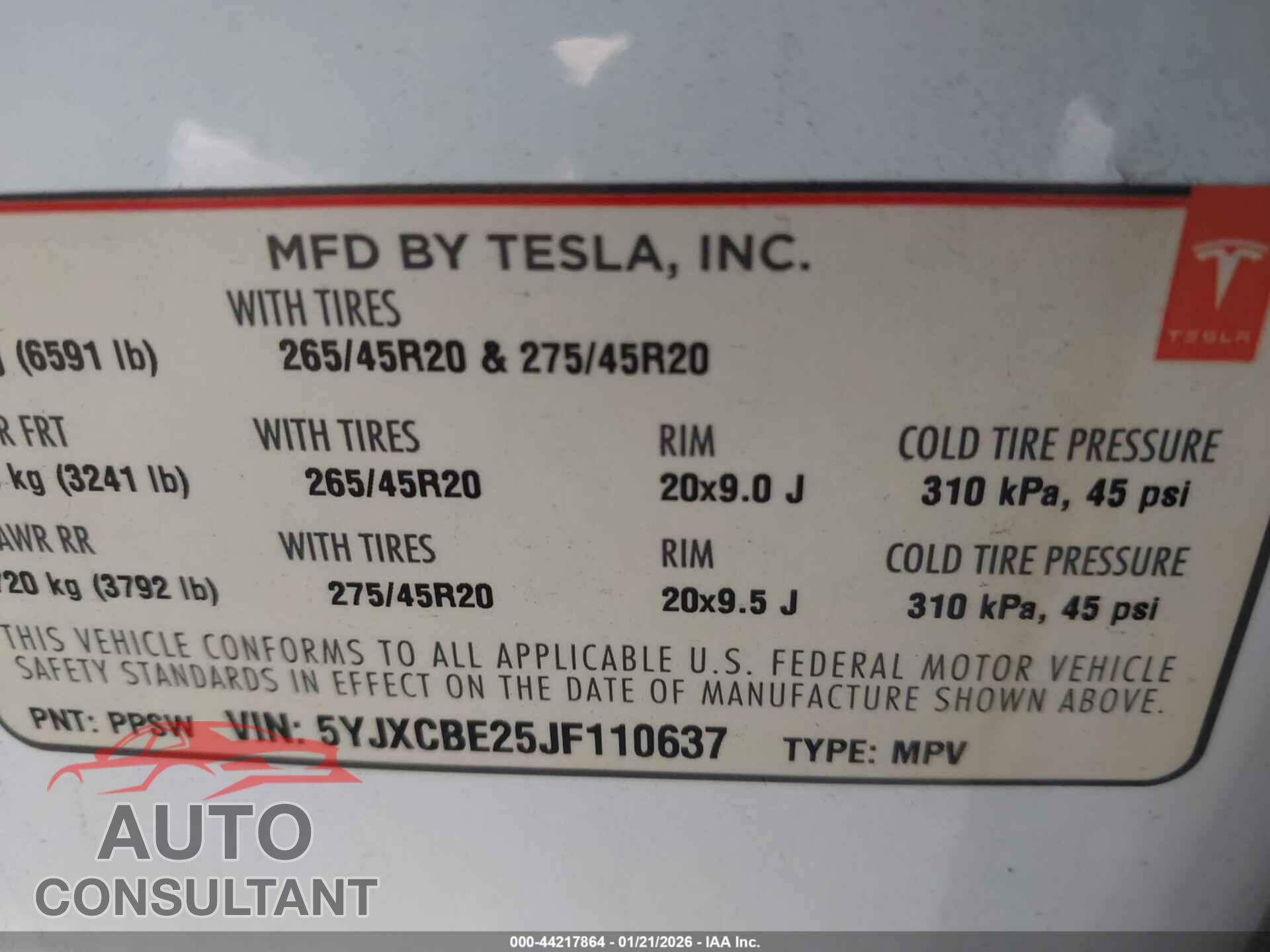 TESLA MODEL X 2018 - 5YJXCBE25JF110637