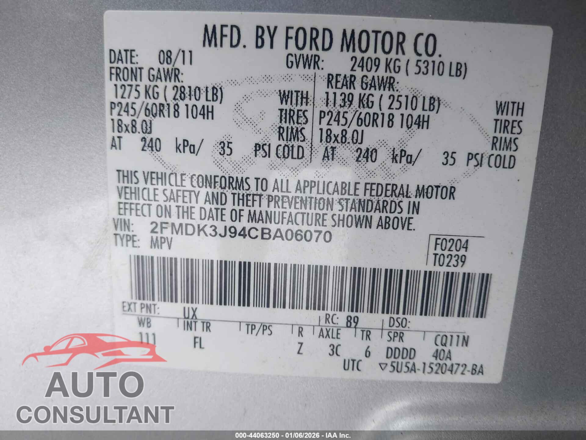 FORD EDGE 2012 - 2FMDK3J94CBA06070