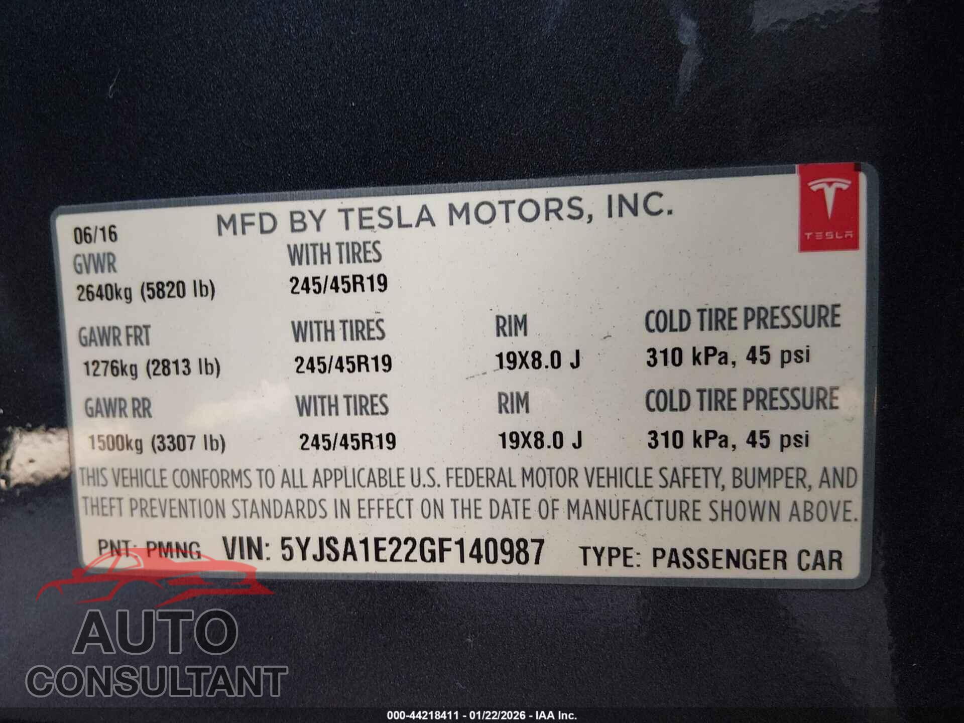 TESLA MODEL S 2016 - 5YJSA1E22GF140987