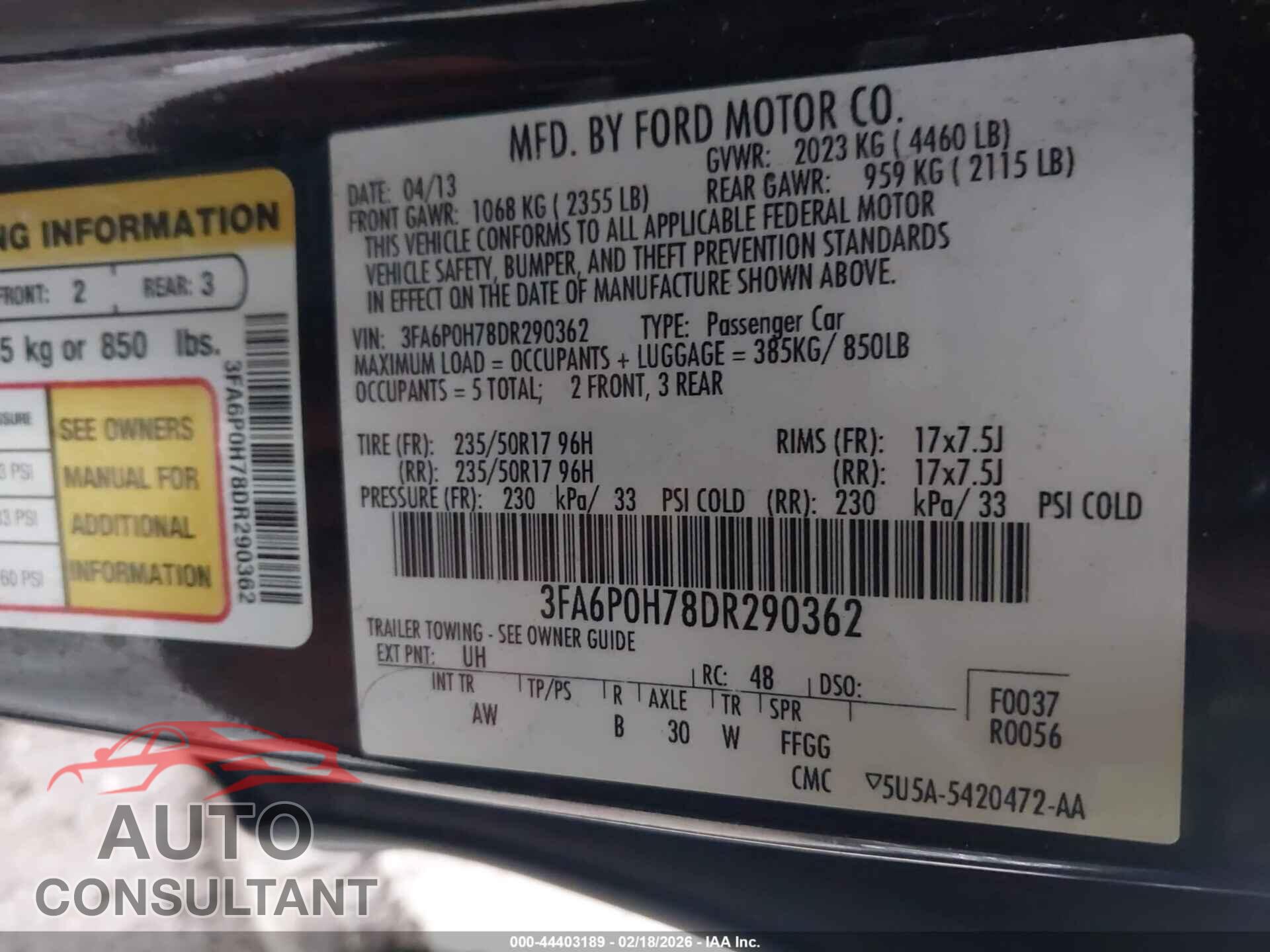 FORD FUSION 2013 - 3FA6P0H78DR290362