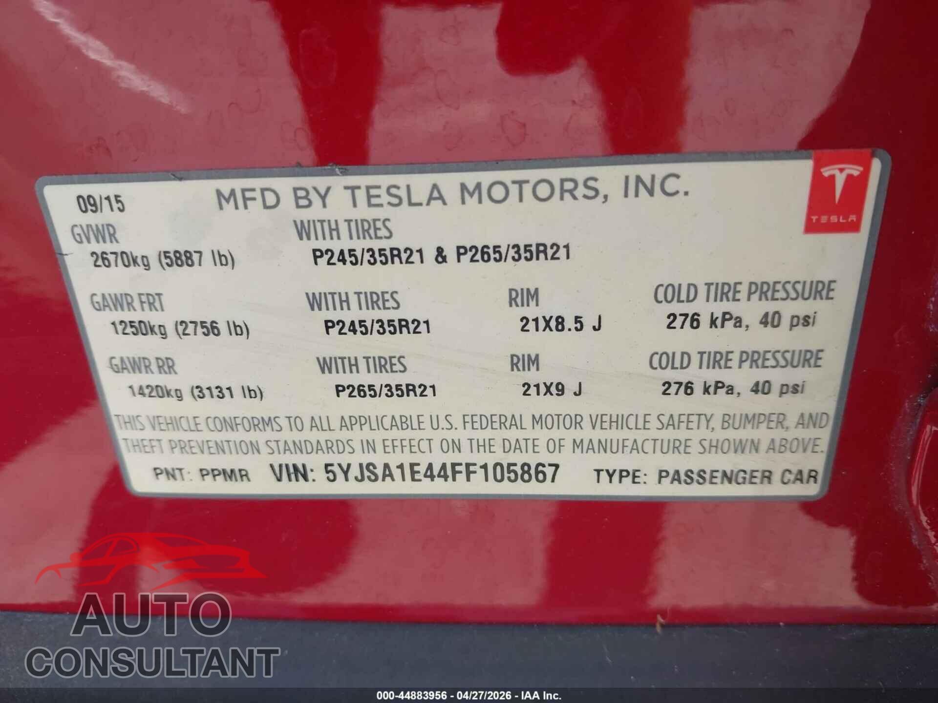 TESLA MODEL S 2015 - 5YJSA1E44FF105867