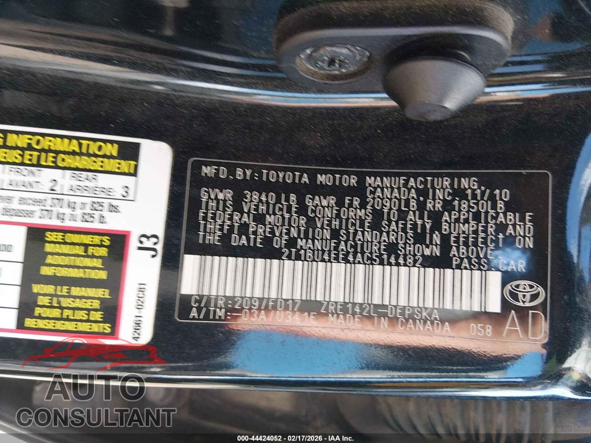 TOYOTA COROLLA 2010 - 2T1BU4EE4AC514482