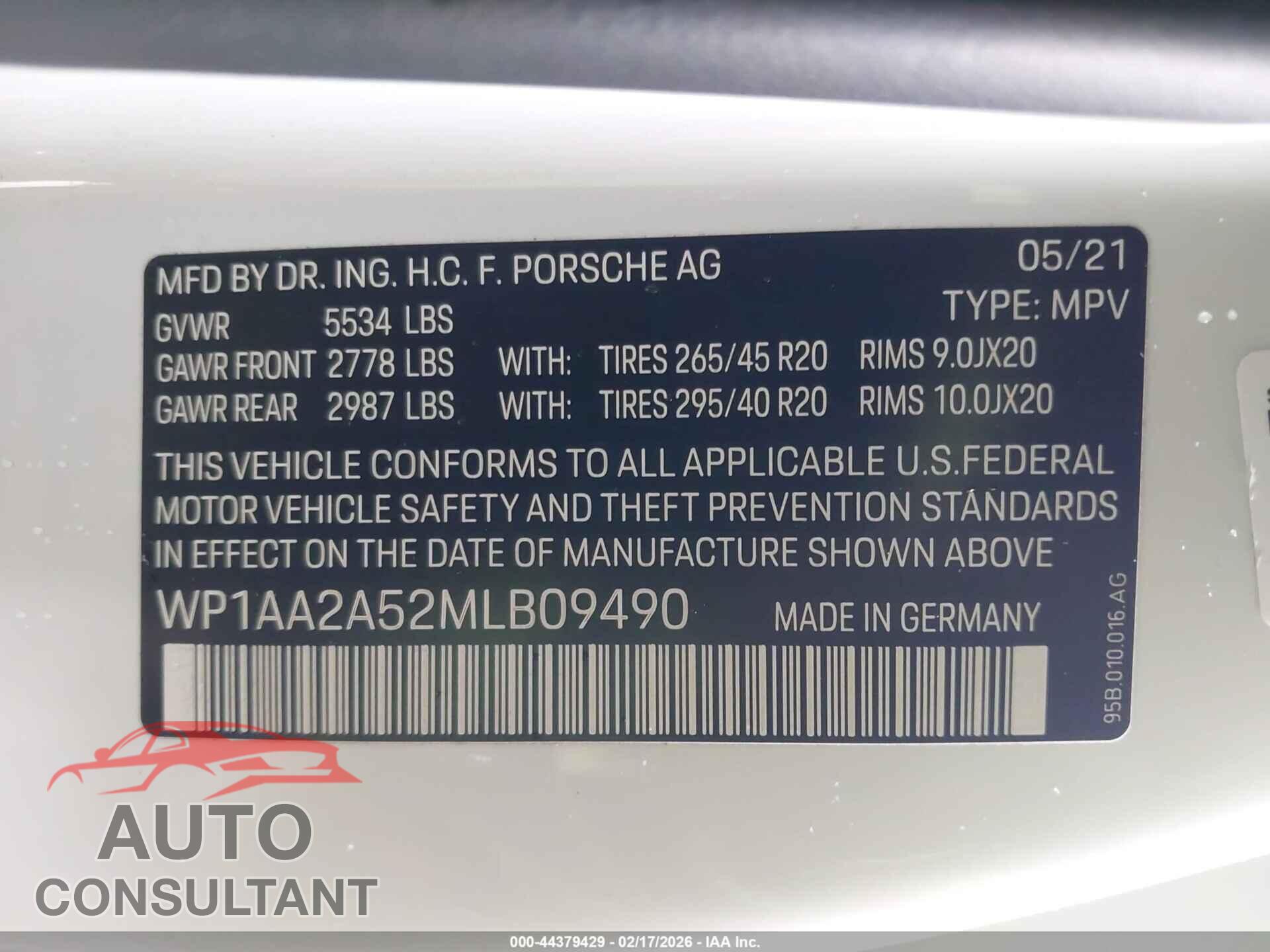 PORSCHE MACAN 2021 - WP1AA2A52MLB09490