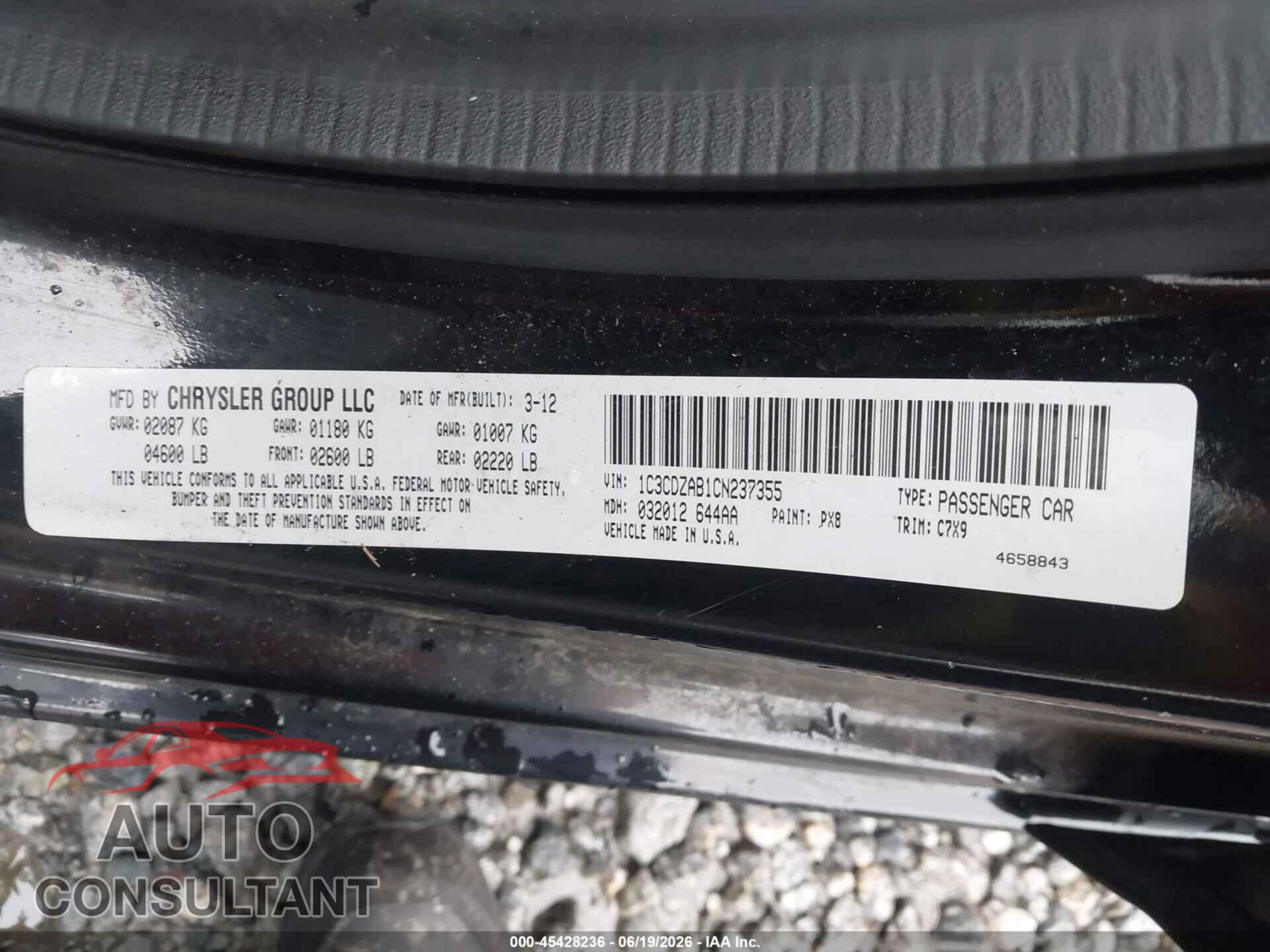 DODGE AVENGER 2012 - 1C3CDZAB1CN237355