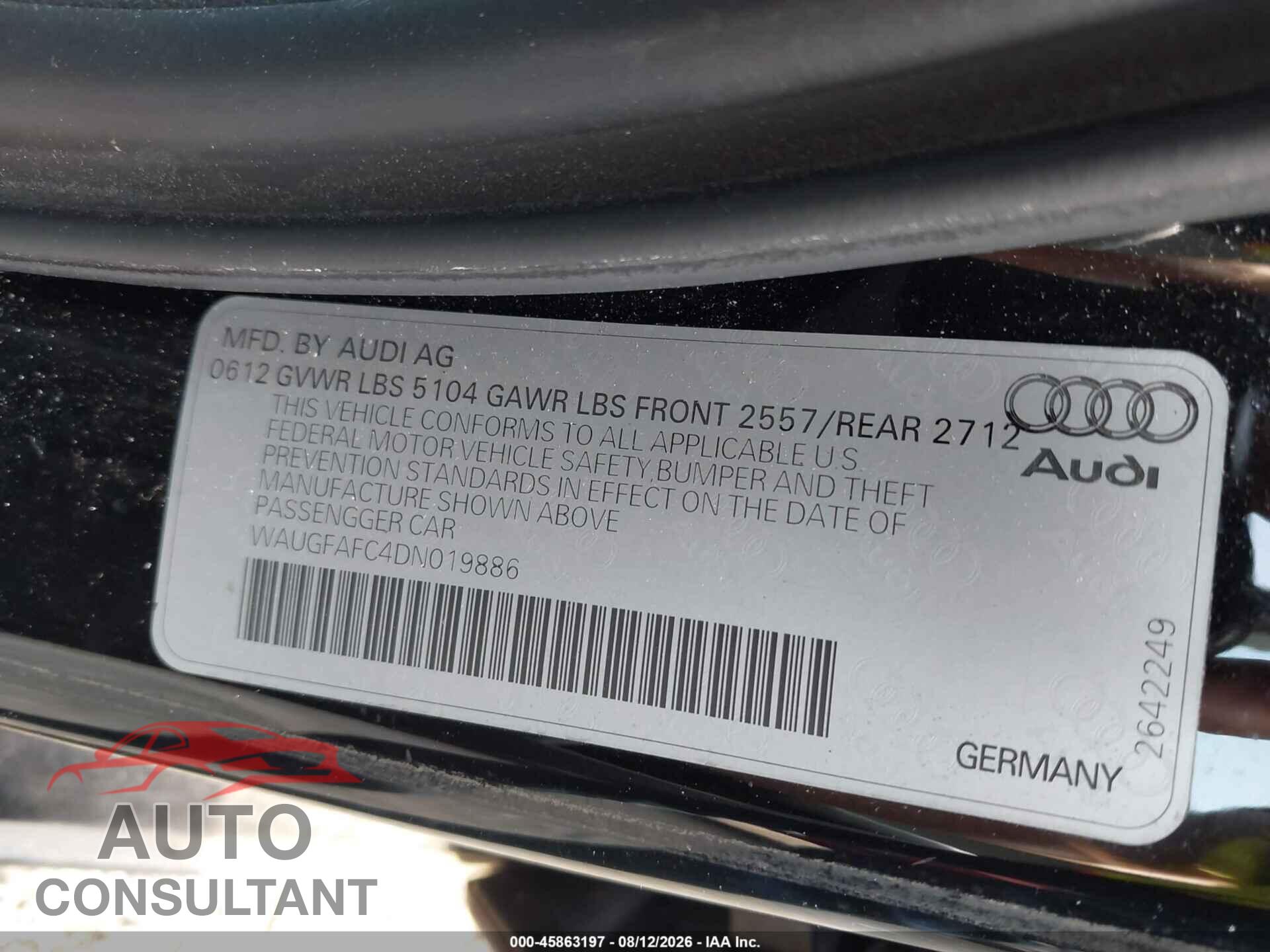 AUDI A6 2013 - WAUGFAFC4DN019886