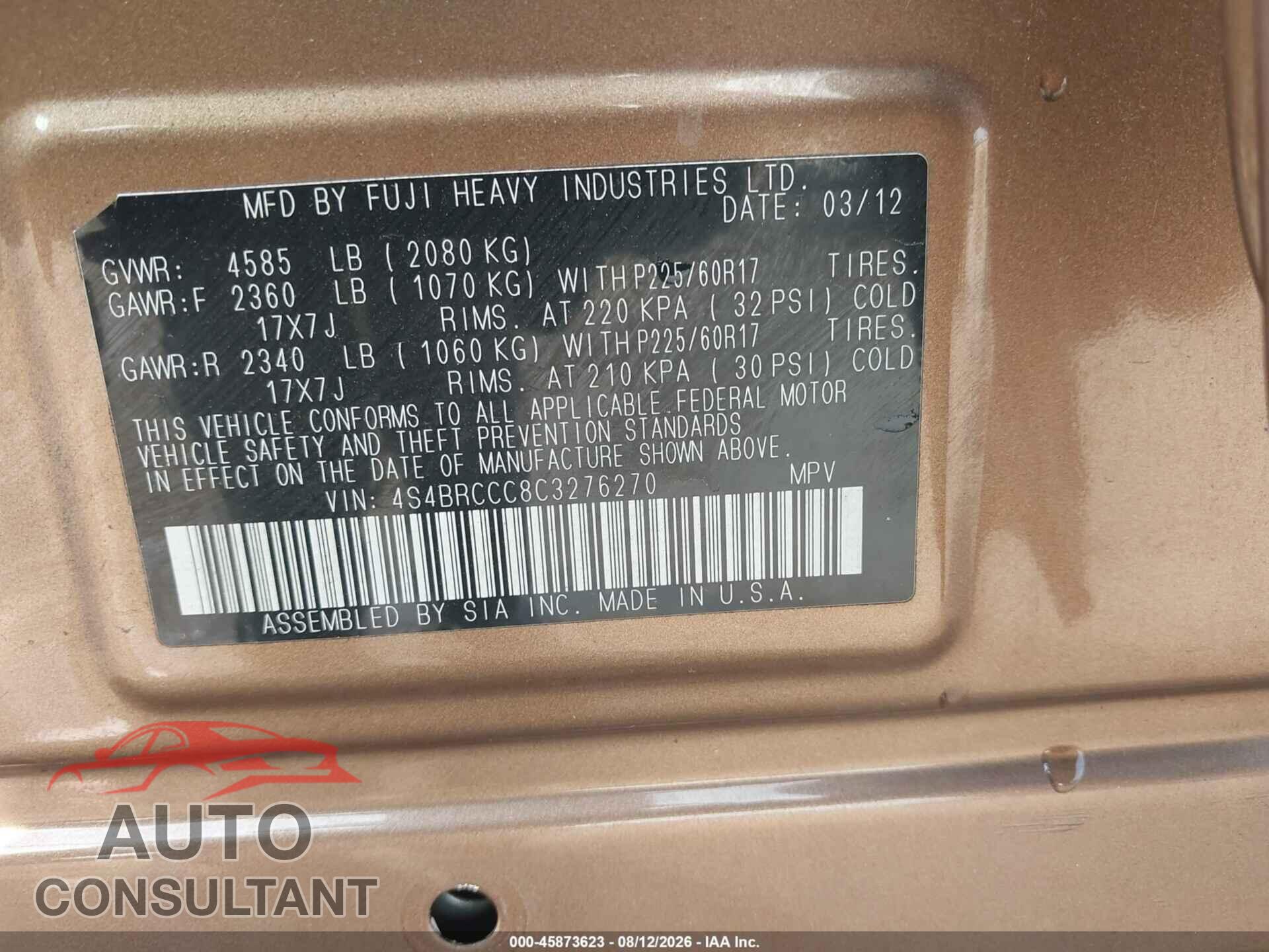 SUBARU OUTBACK 2012 - 4S4BRCCC8C3276270