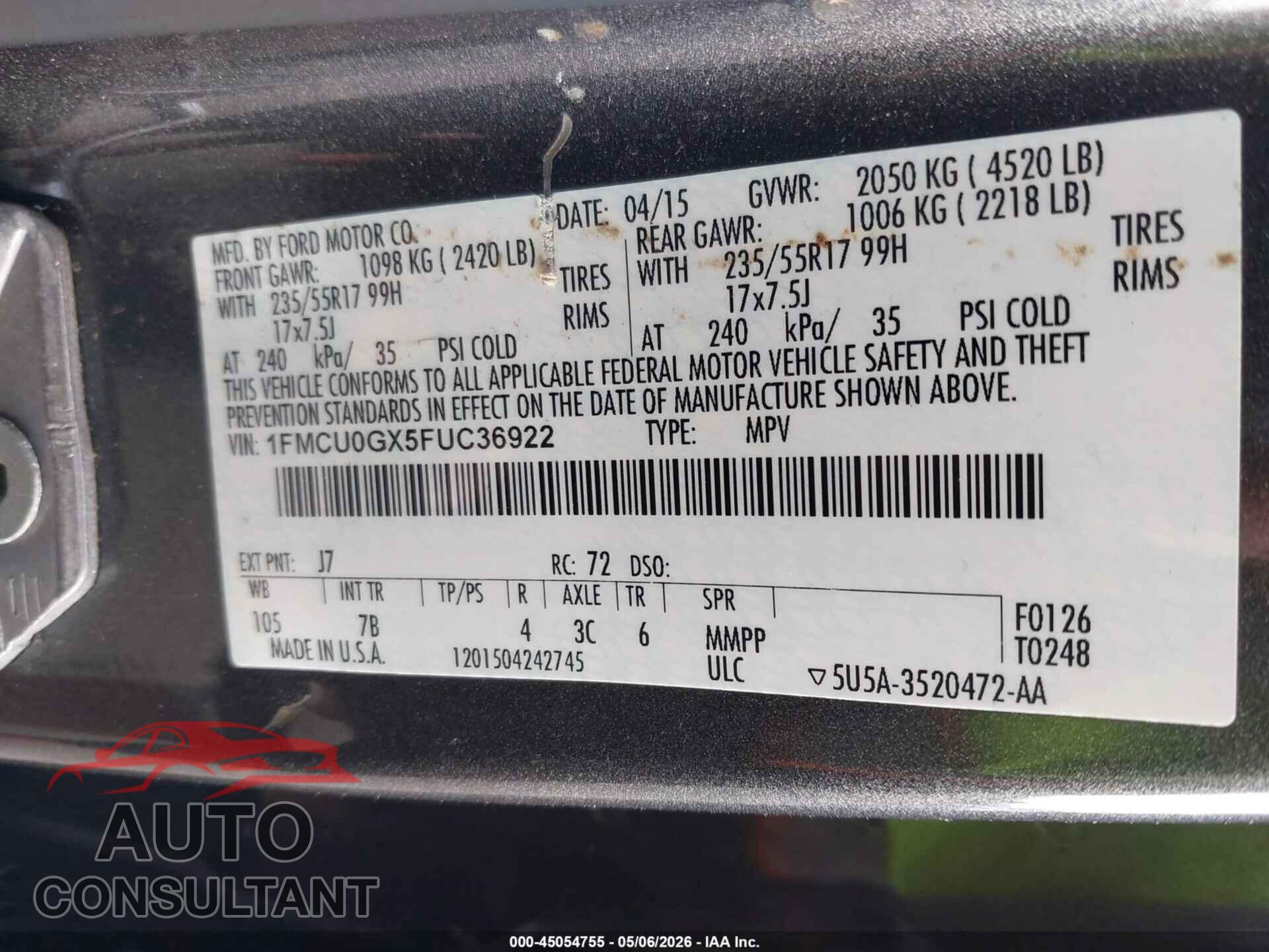 FORD ESCAPE 2015 - 1FMCU0GX5FUC36922