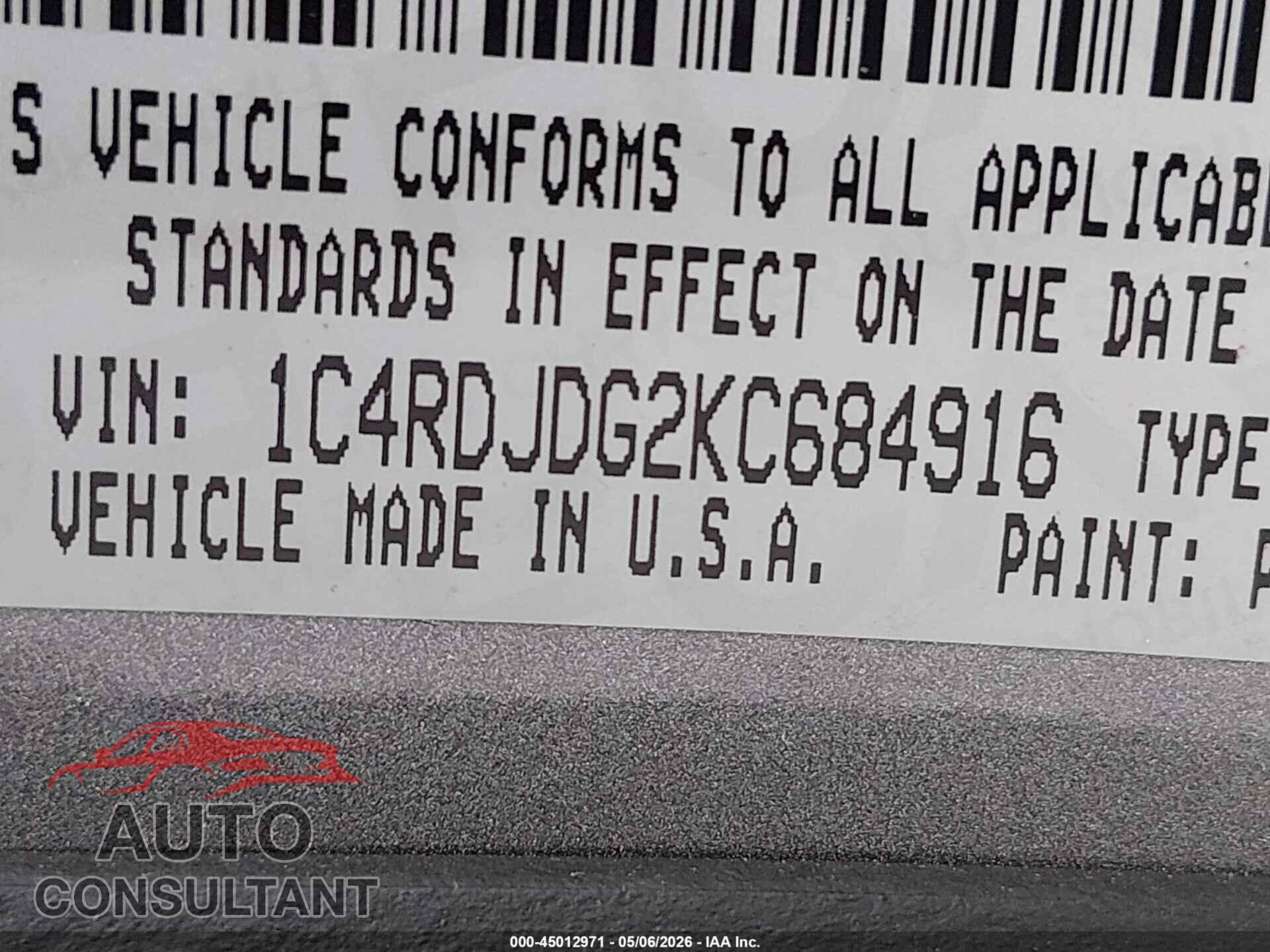 DODGE DURANGO 2019 - 1C4RDJDG2KC684916
